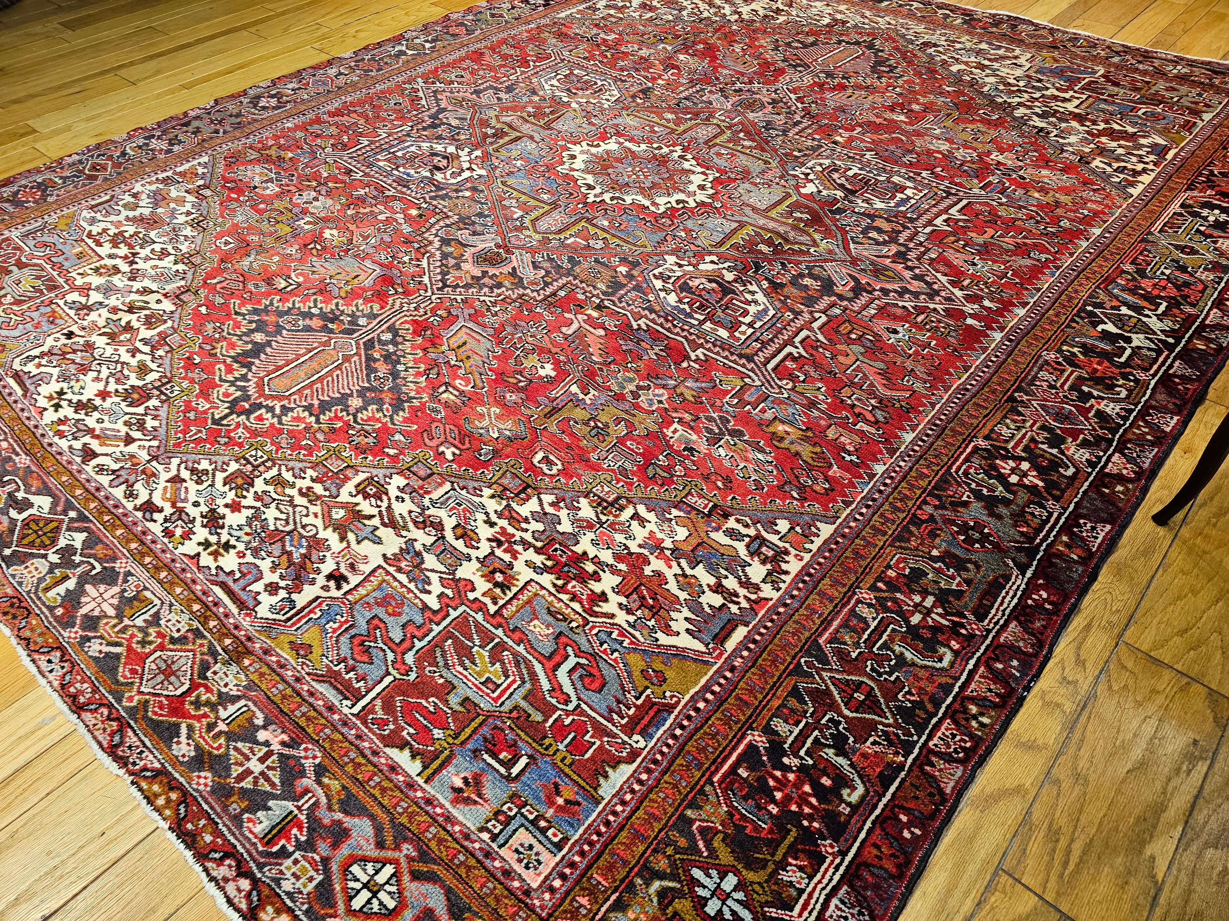 Vintage Room Size Persian Heriz in Red, Ivory, Lavender, Yellow, Brown, Navy For Sale 8