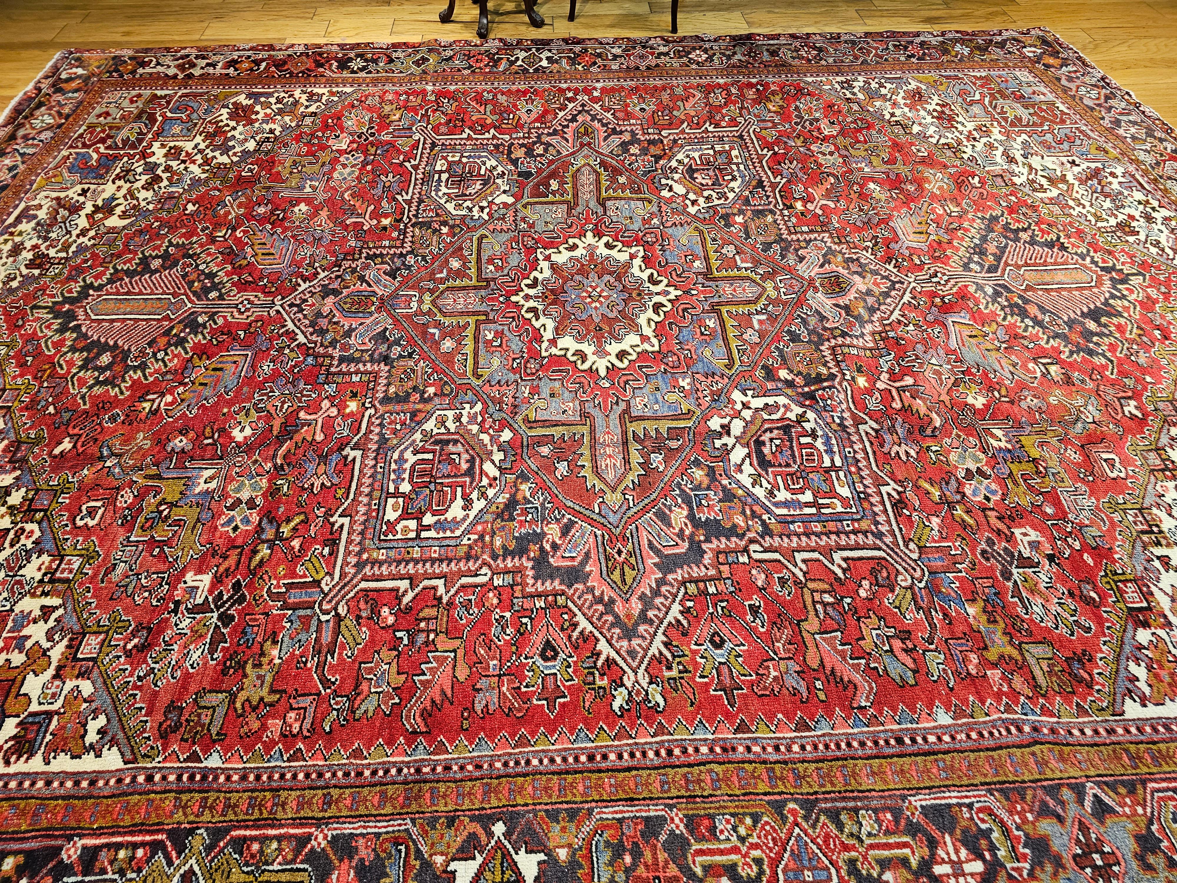 Vintage Room Size Persian Heriz in Red, Ivory, Lavender, Yellow, Brown, Navy For Sale 9