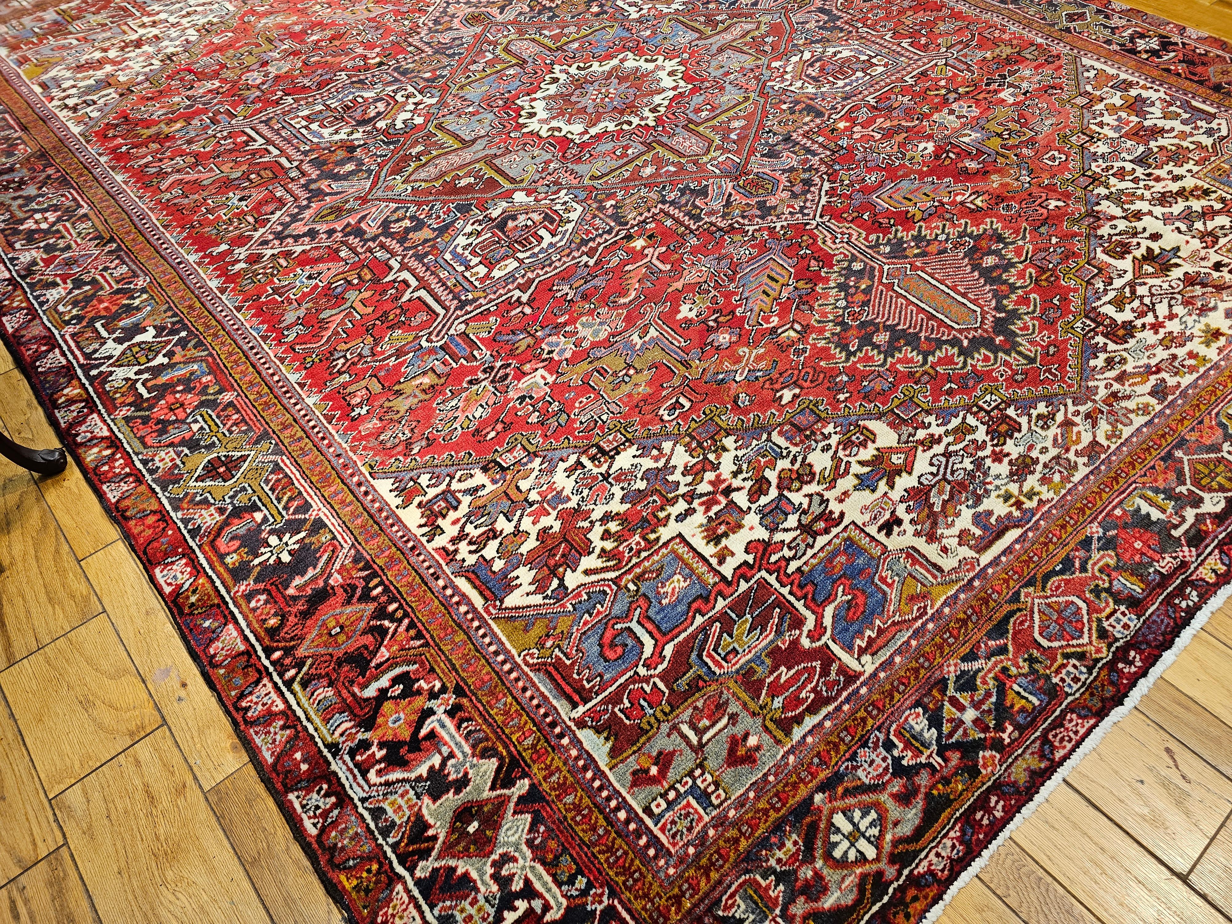 Vintage Room Size Persian Heriz in Red, Ivory, Lavender, Yellow, Brown, Navy For Sale 10