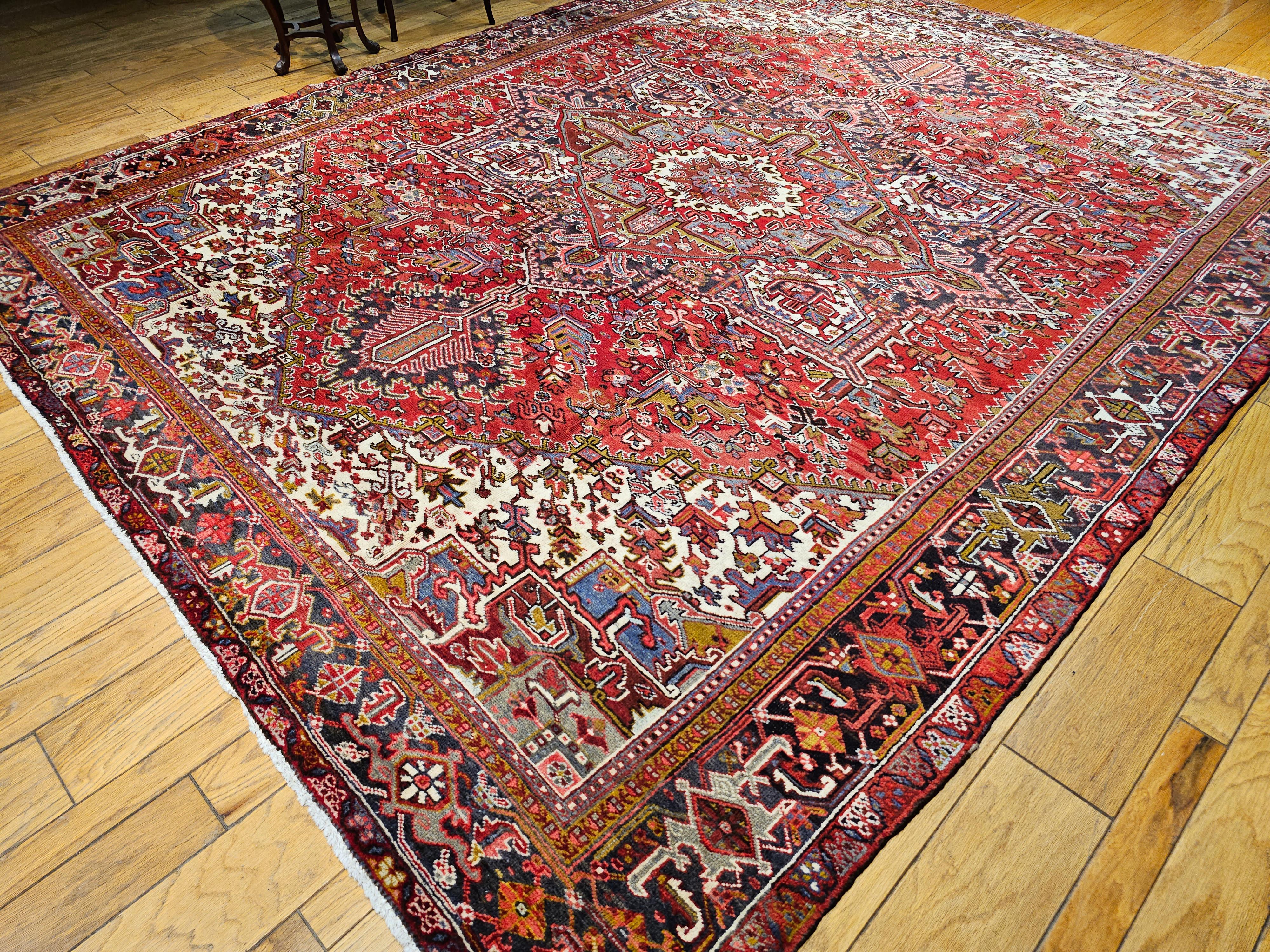 Vintage Room Size Persian Heriz in Red, Ivory, Lavender, Yellow, Brown, Navy For Sale 11