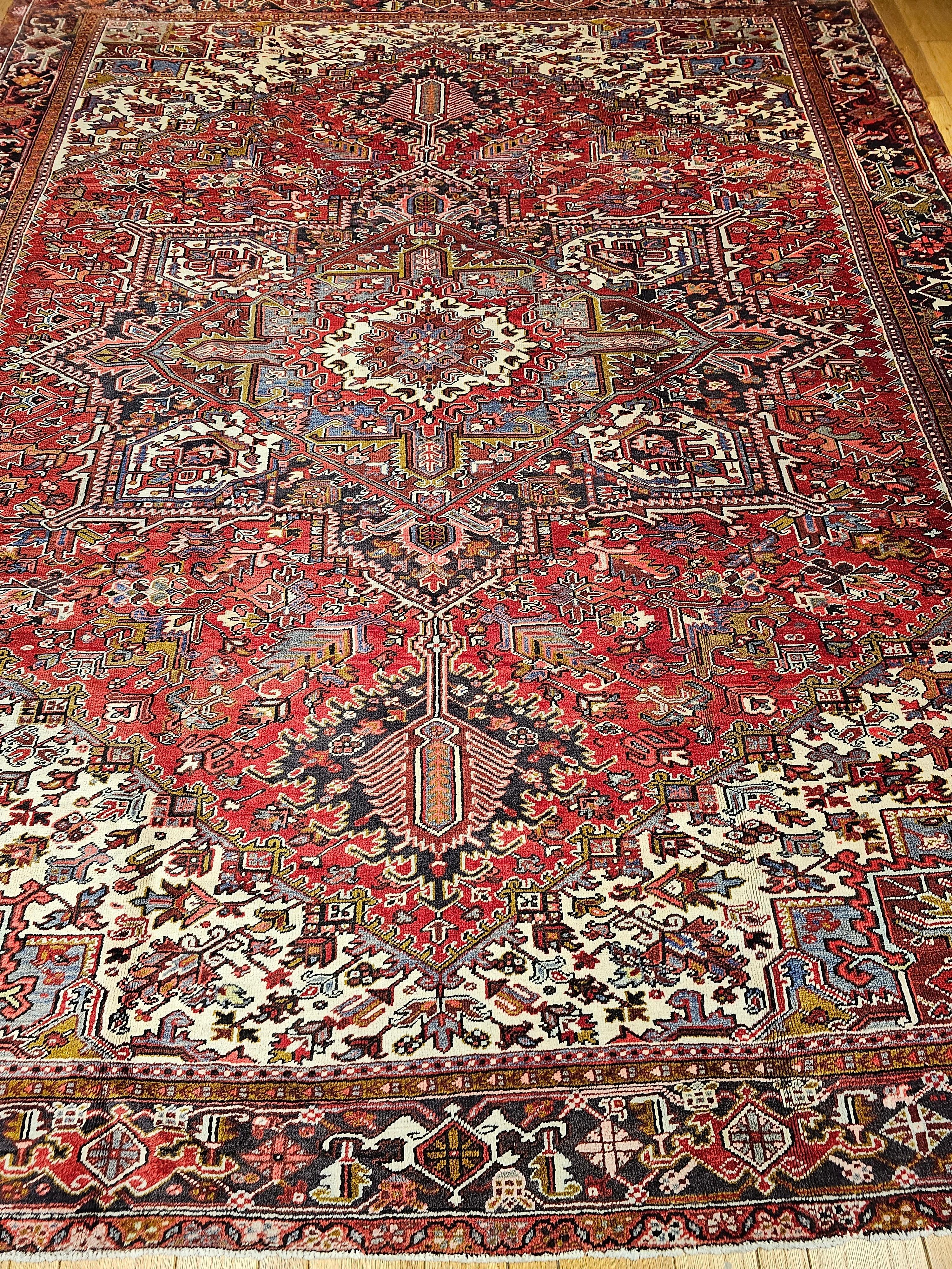 Vintage Room Size Persian Heriz in Red, Ivory, Lavender, Yellow, Brown, Navy For Sale 12