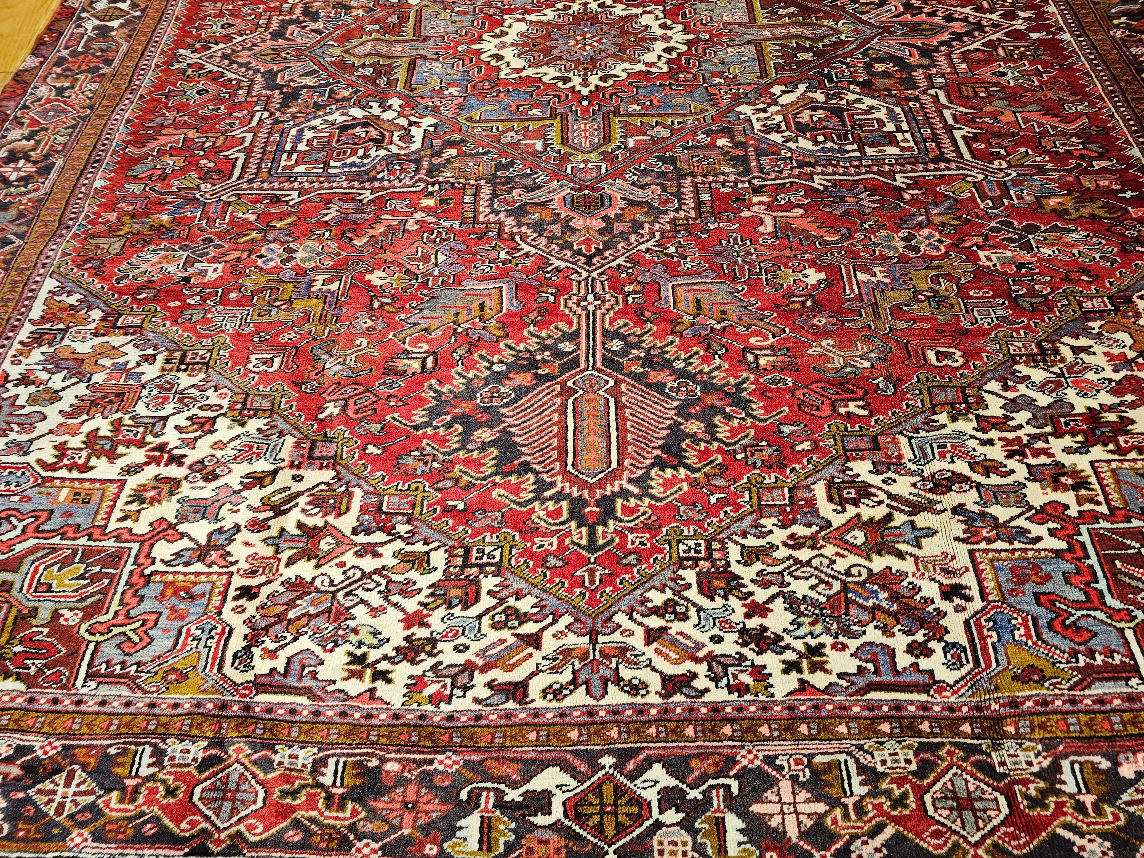 Hand-Knotted Vintage Room Size Persian Heriz in Red, Ivory, Lavender, Yellow, Brown, Navy For Sale