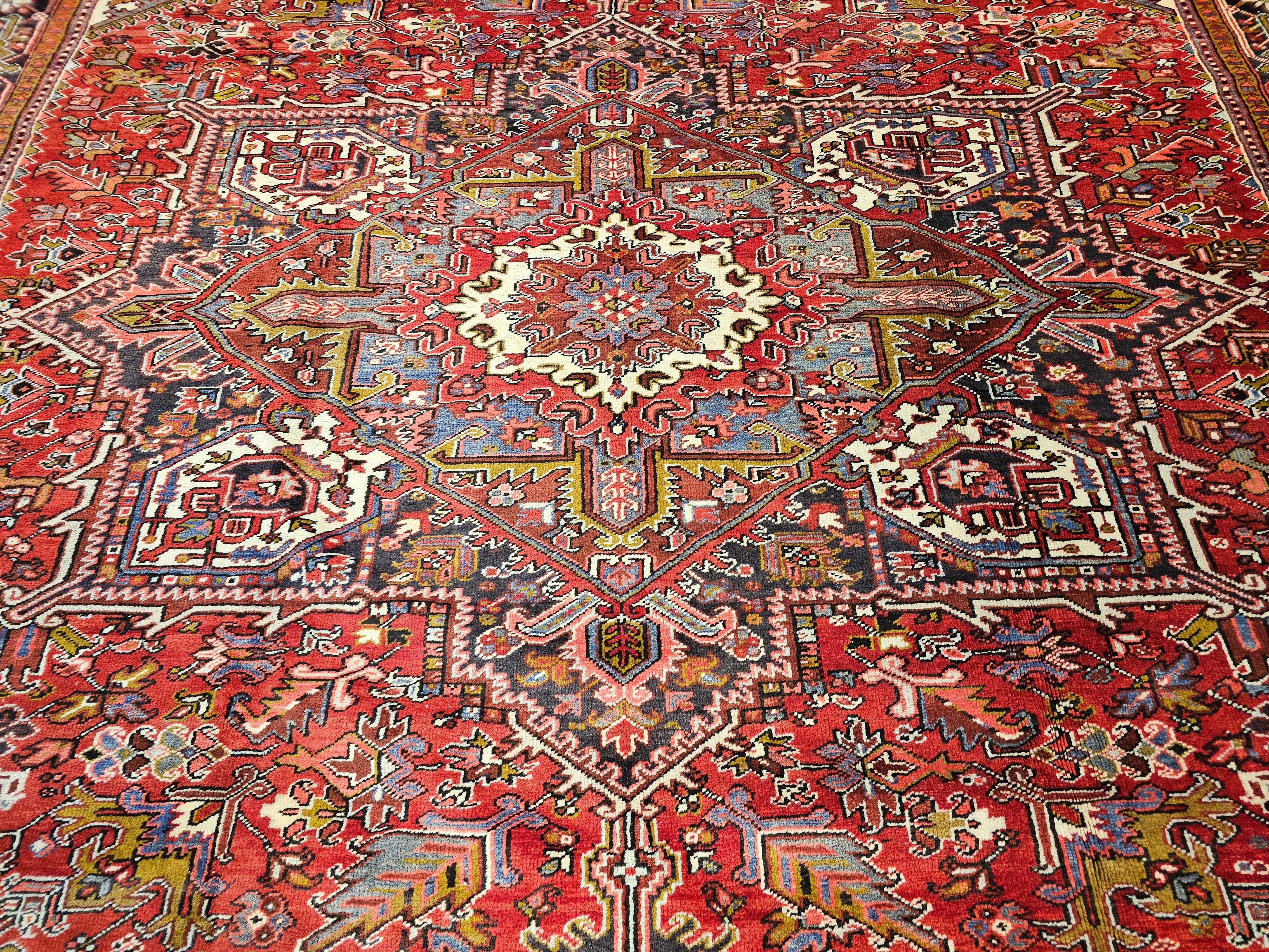 Vintage Room Size Persian Heriz in Red, Ivory, Lavender, Yellow, Brown, Navy In Good Condition For Sale In Barrington, IL