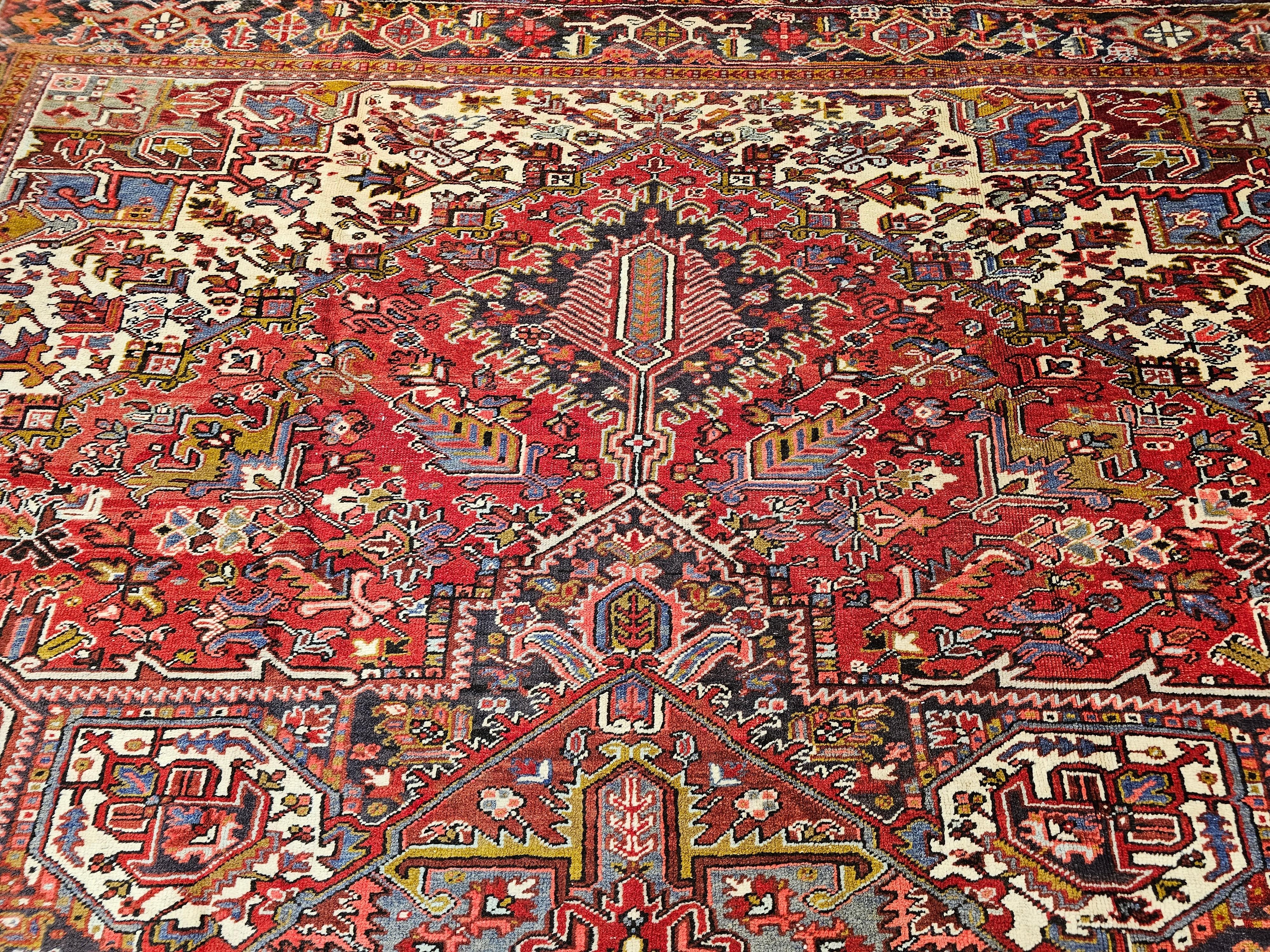 20th Century Vintage Room Size Persian Heriz in Red, Ivory, Lavender, Yellow, Brown, Navy For Sale