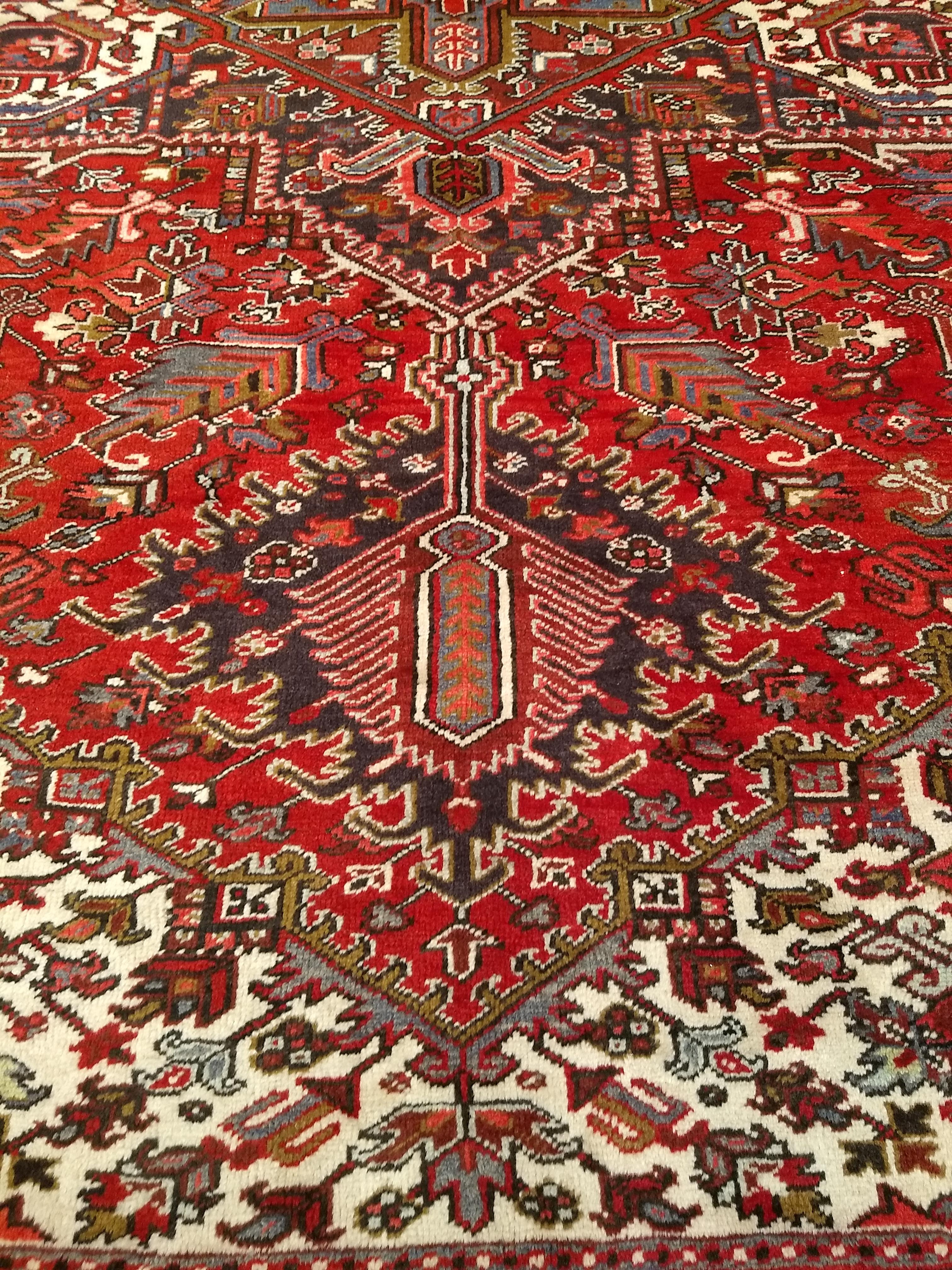 Wool Vintage Room Size Persian Heriz in Red, Ivory, Lavender, Yellow, Brown, Navy For Sale
