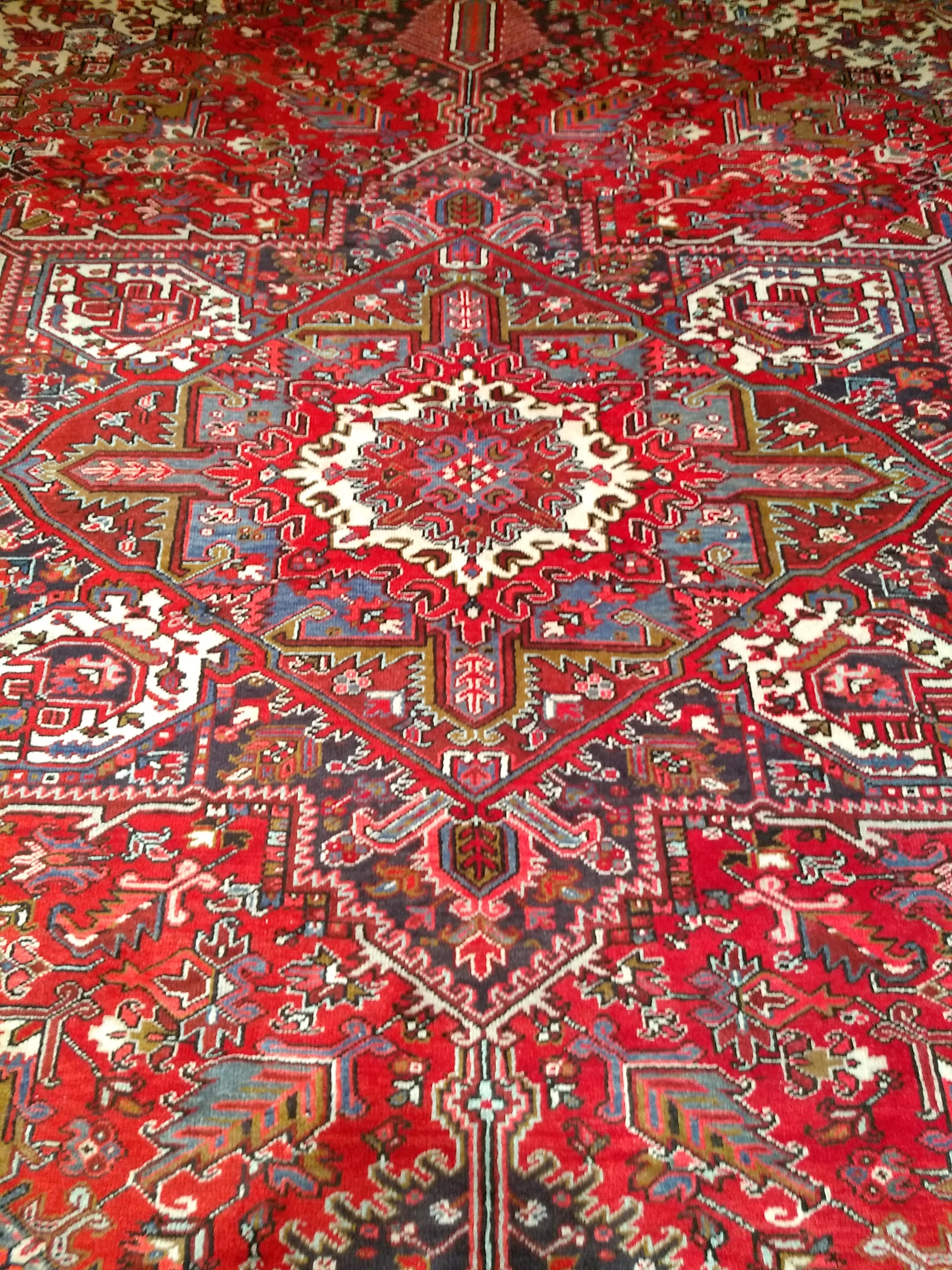 Vintage Room Size Persian Heriz in Red, Ivory, Lavender, Yellow, Brown, Navy For Sale 1