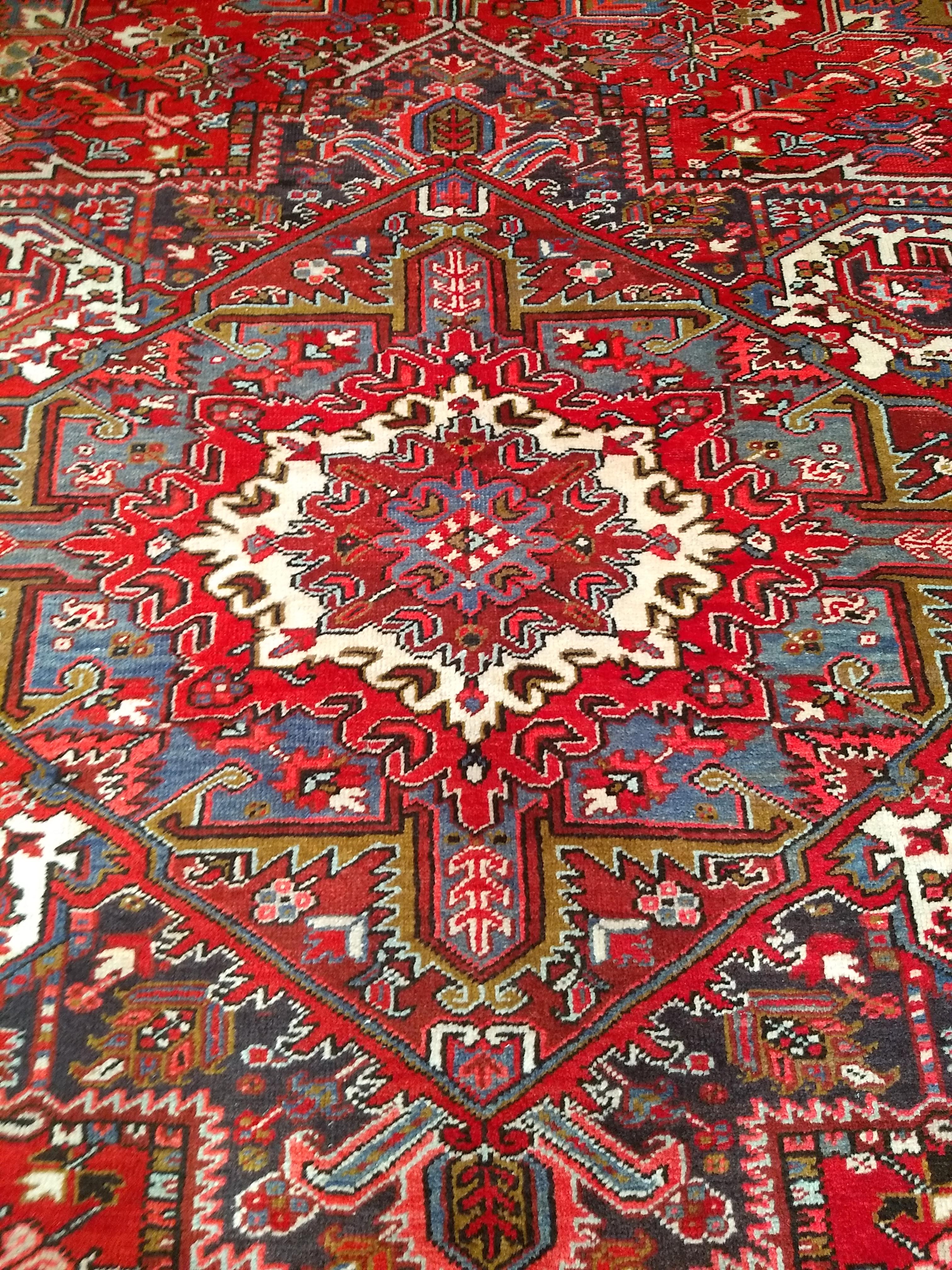 Vintage Room Size Persian Heriz in Red, Ivory, Lavender, Yellow, Brown, Navy For Sale 2