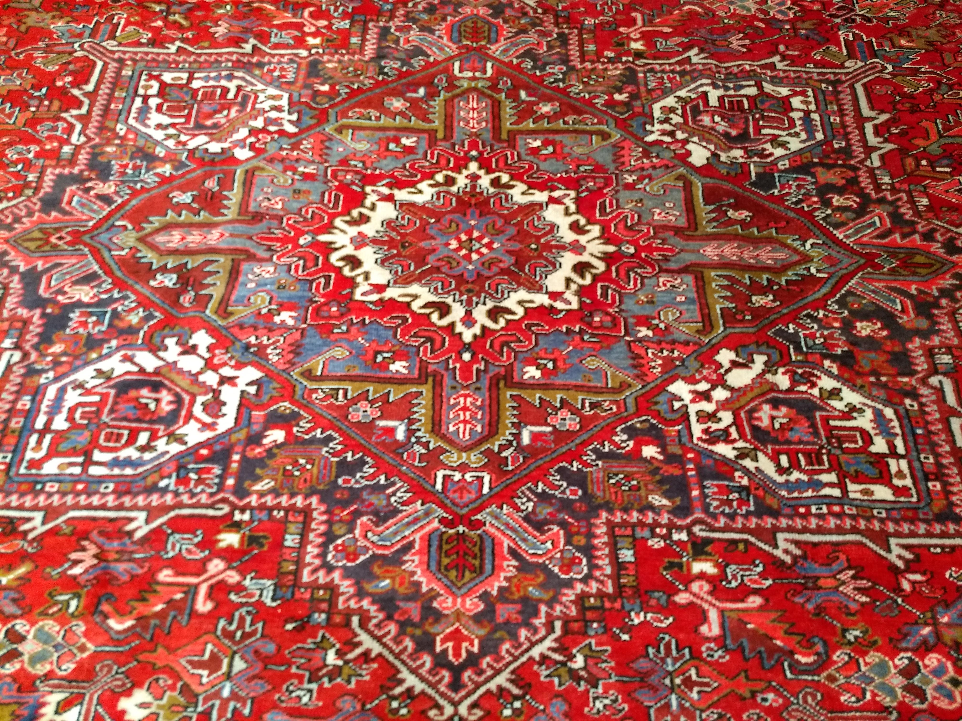 Vintage Room Size Persian Heriz in Red, Ivory, Lavender, Yellow, Brown, Navy For Sale 3