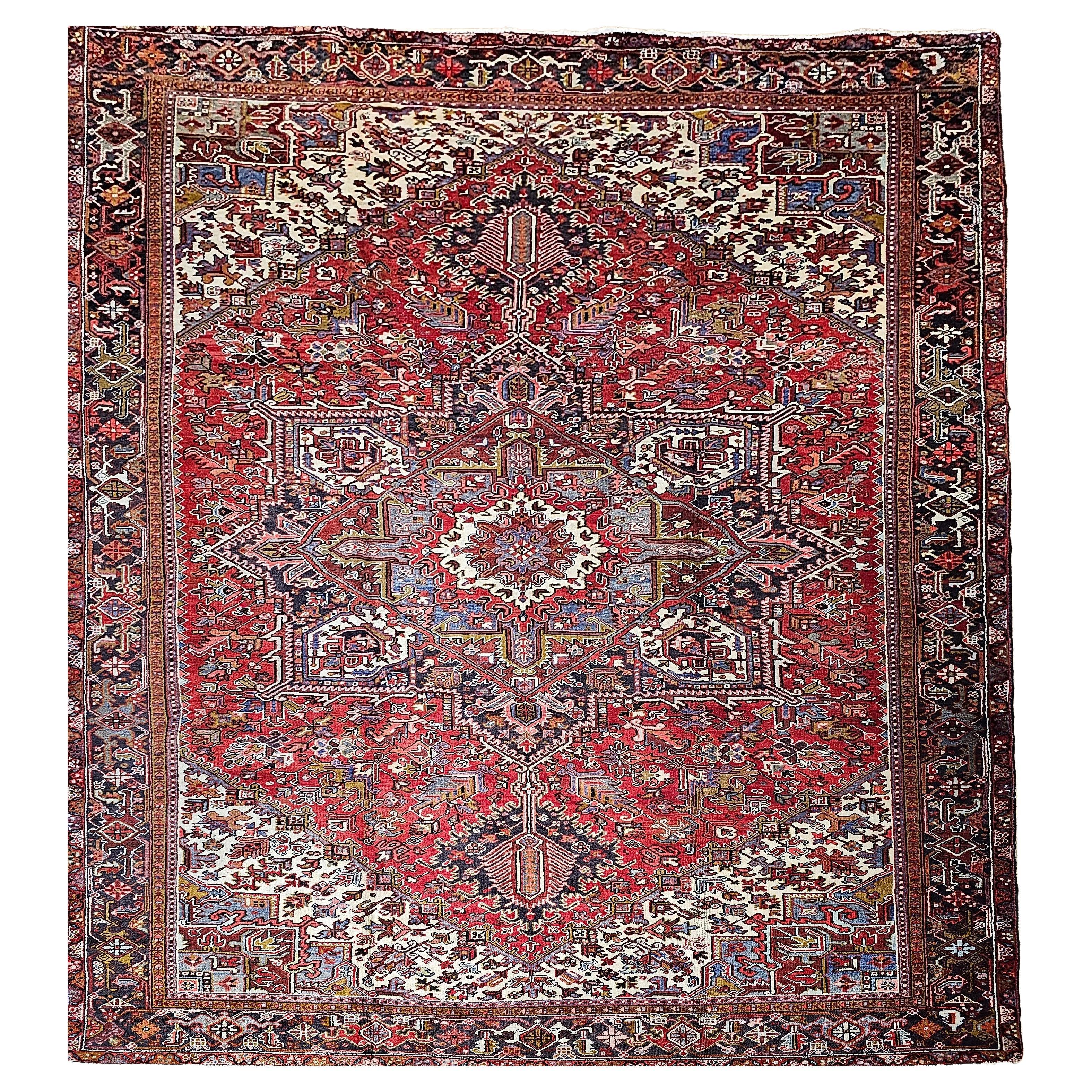 Vintage Room Size Persian Heriz in Red, Ivory, Lavender, Yellow, Brown, Navy For Sale