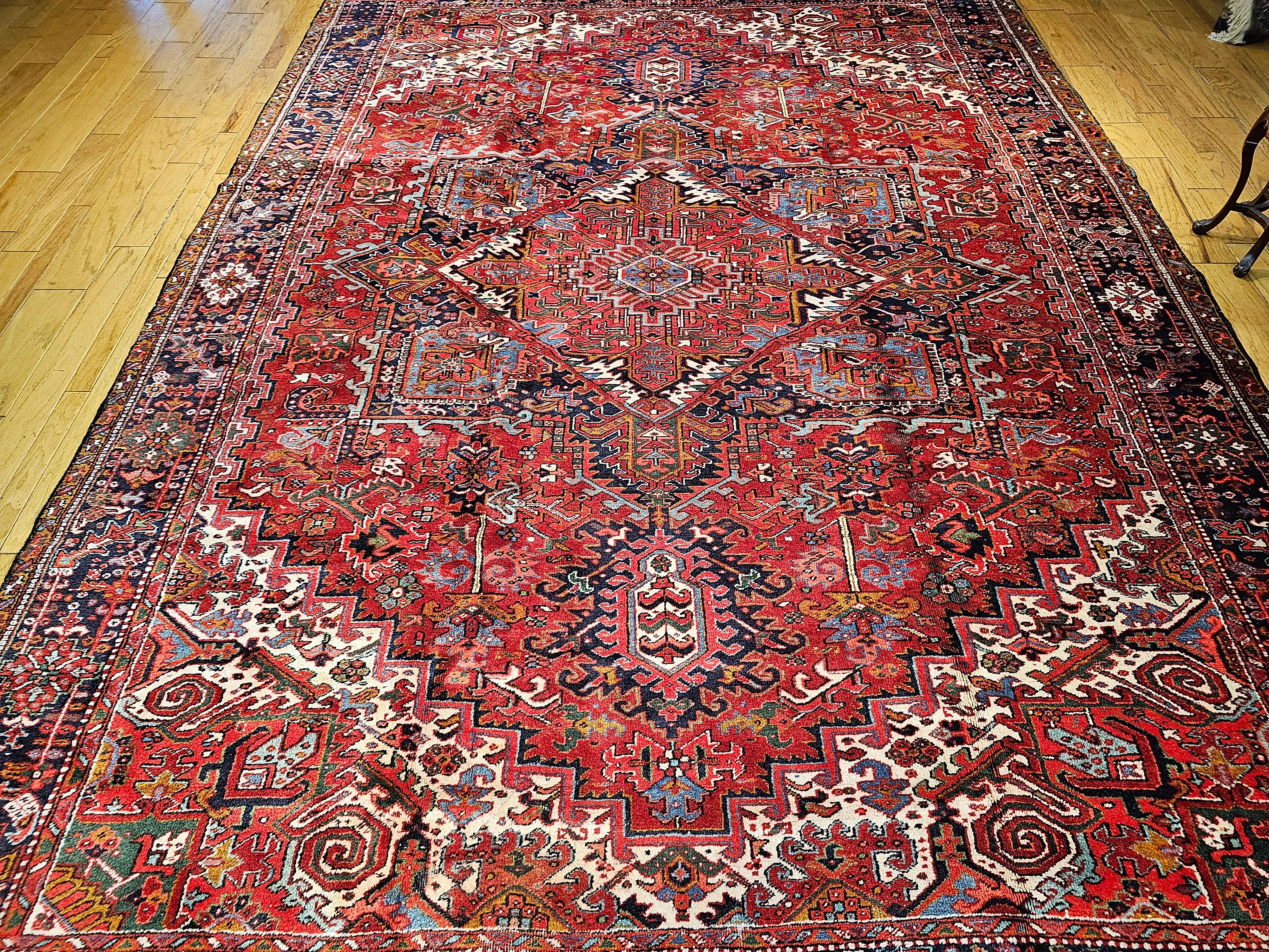 Vintage Room Size Persian Heriz in Red, ivory, Navy, Baby Blue, Green, Pink For Sale 4
