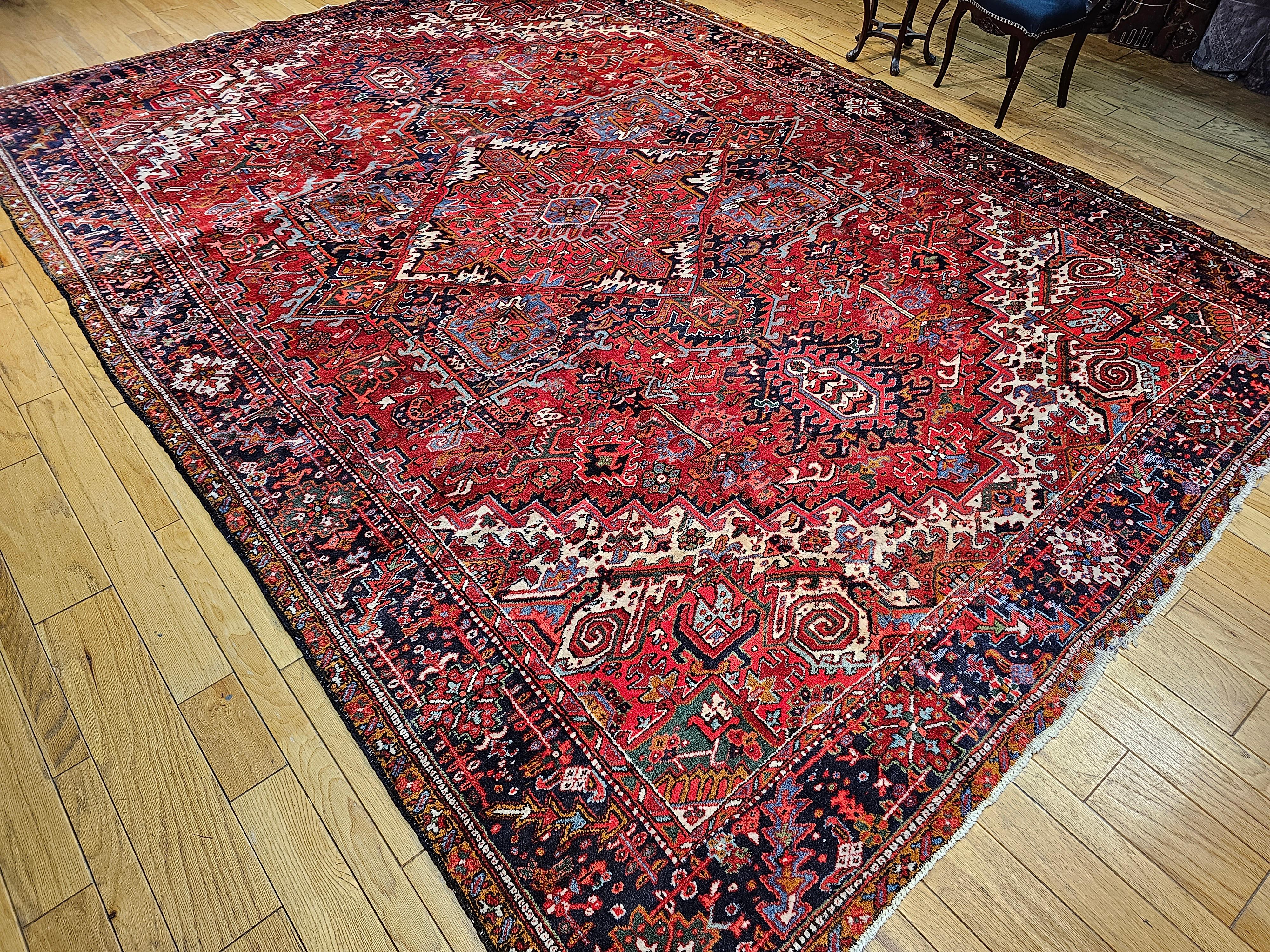 Vintage Room Size Persian Heriz in Red, ivory, Navy, Baby Blue, Green, Pink For Sale 5