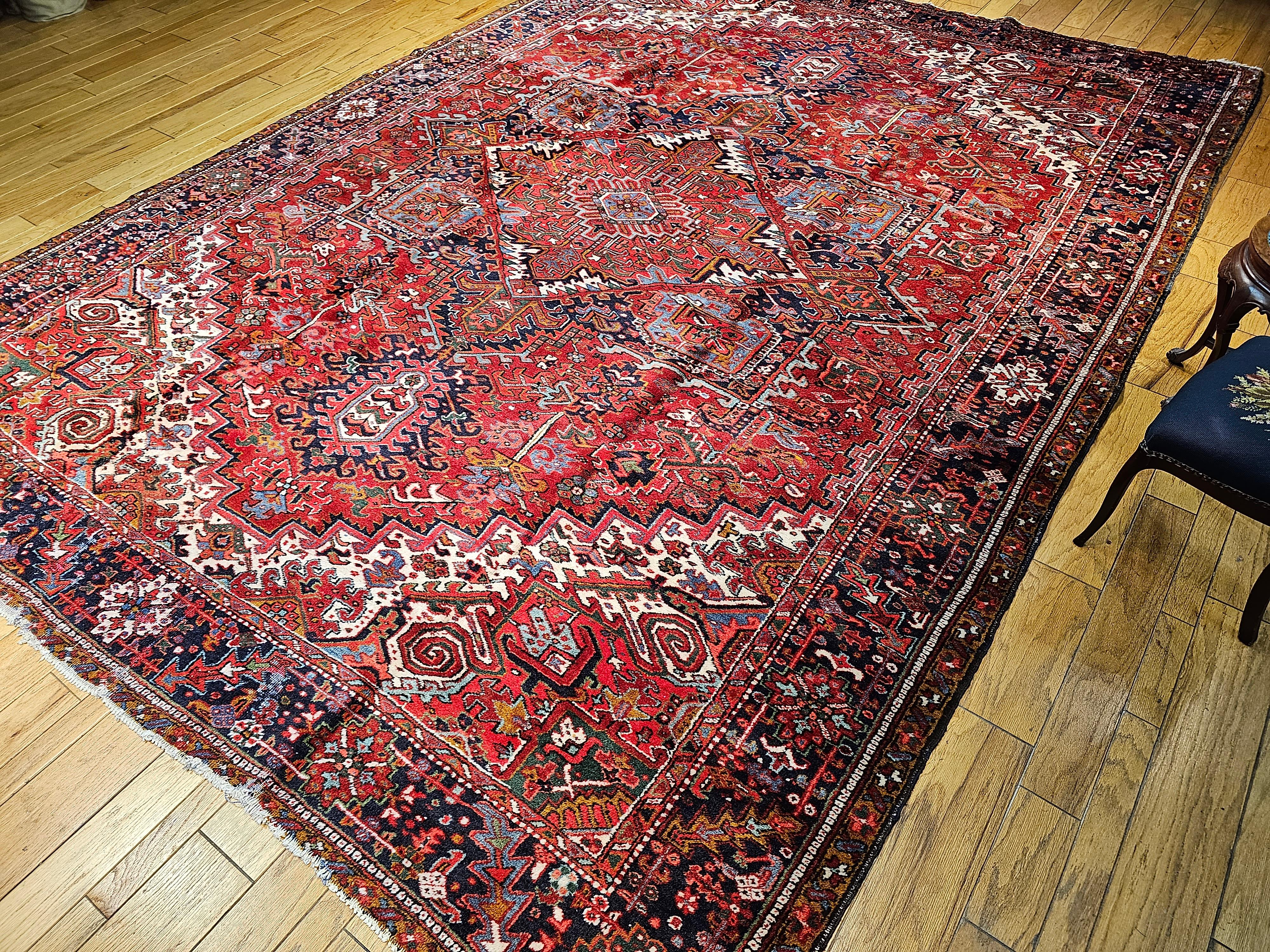 Vintage Room Size Persian Heriz in Red, ivory, Navy, Baby Blue, Green, Pink For Sale 6