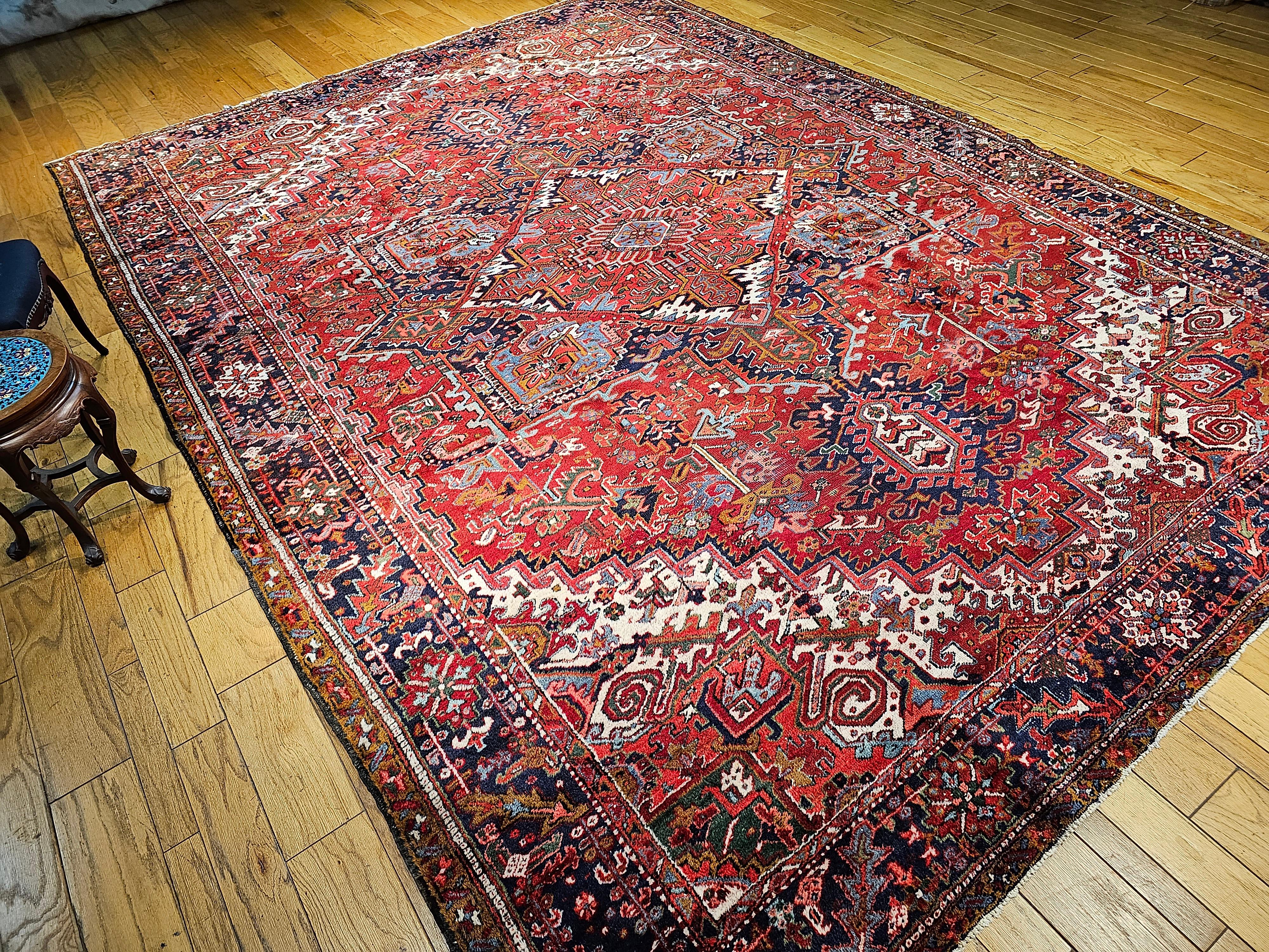 Vintage Room Size Persian Heriz in Red, ivory, Navy, Baby Blue, Green, Pink For Sale 8