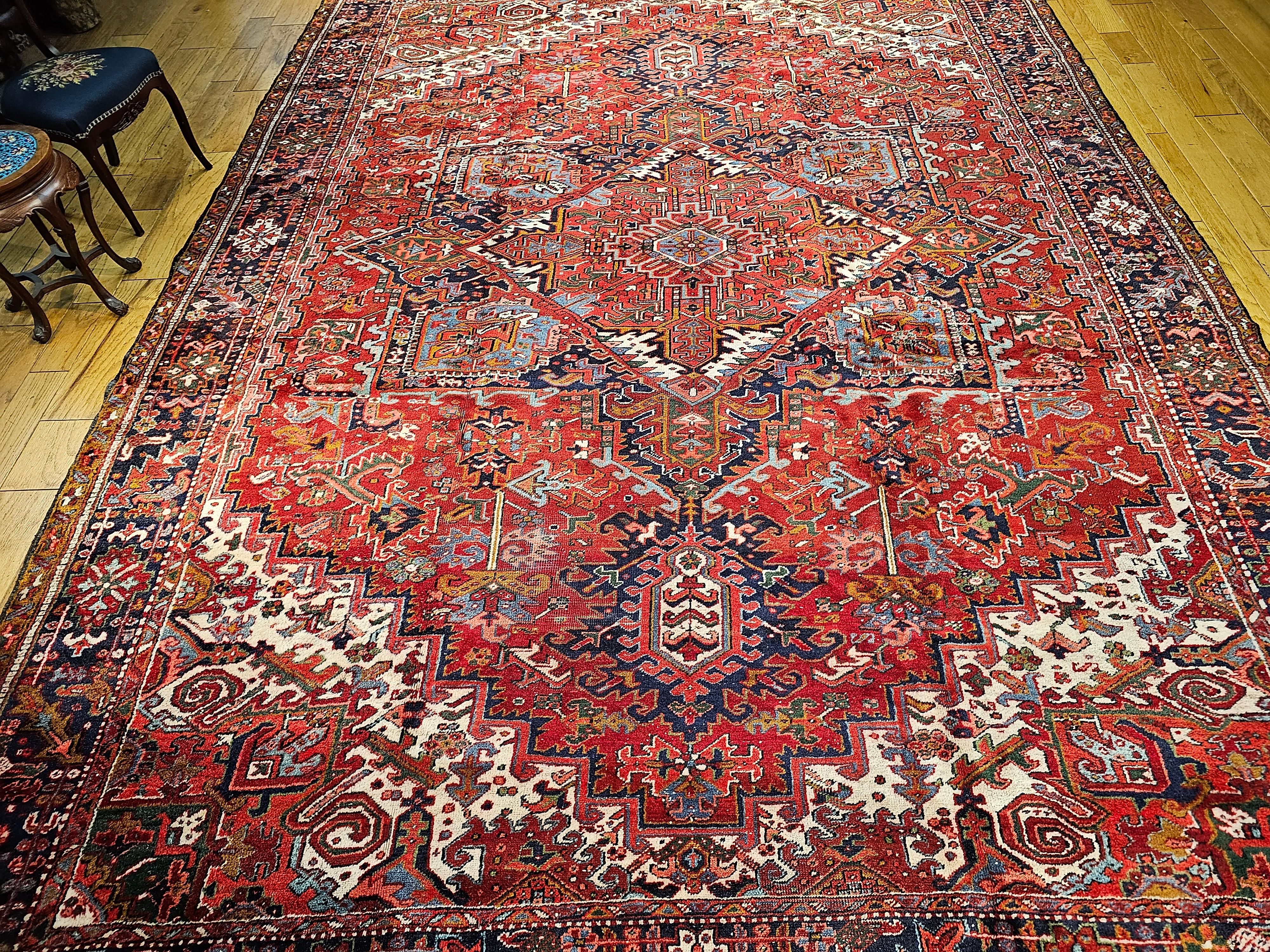 Vintage Room Size Persian Heriz in Red, ivory, Navy, Baby Blue, Green, Pink For Sale 9