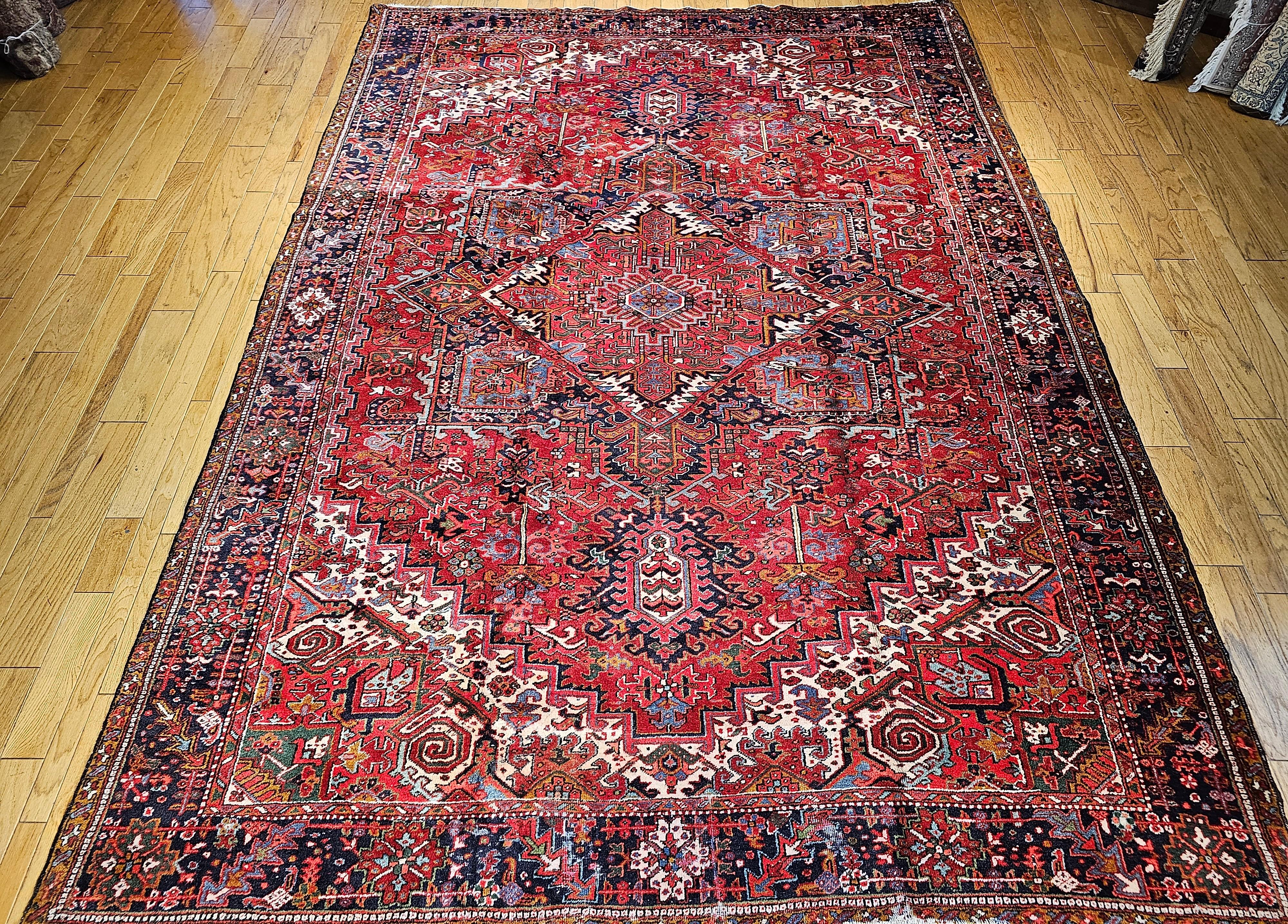 Vintage Room Size Persian Heriz in Red, ivory, Navy, Baby Blue, Green, Pink For Sale 11