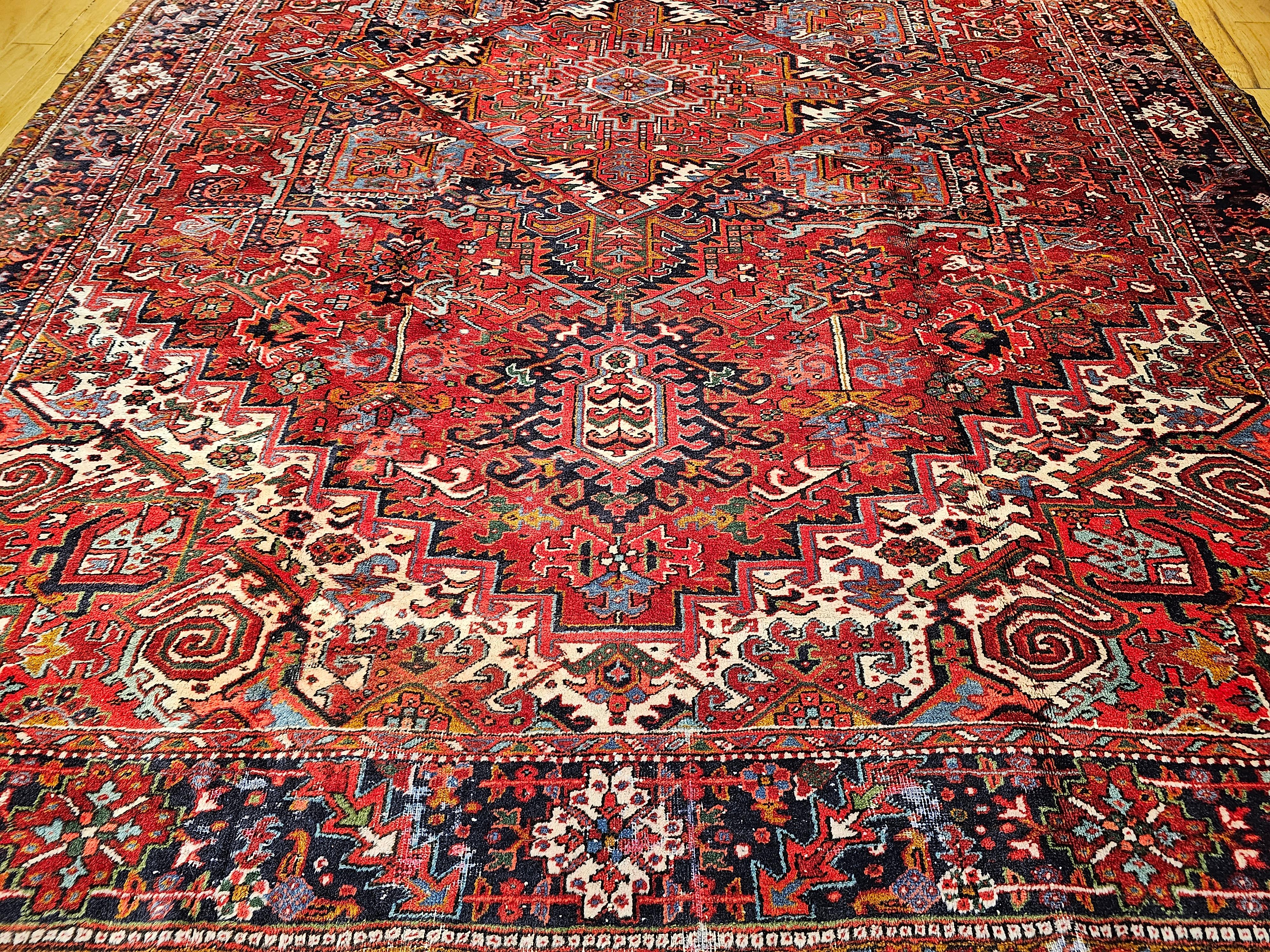 Hand-Knotted Vintage Room Size Persian Heriz in Red, ivory, Navy, Baby Blue, Green, Pink For Sale