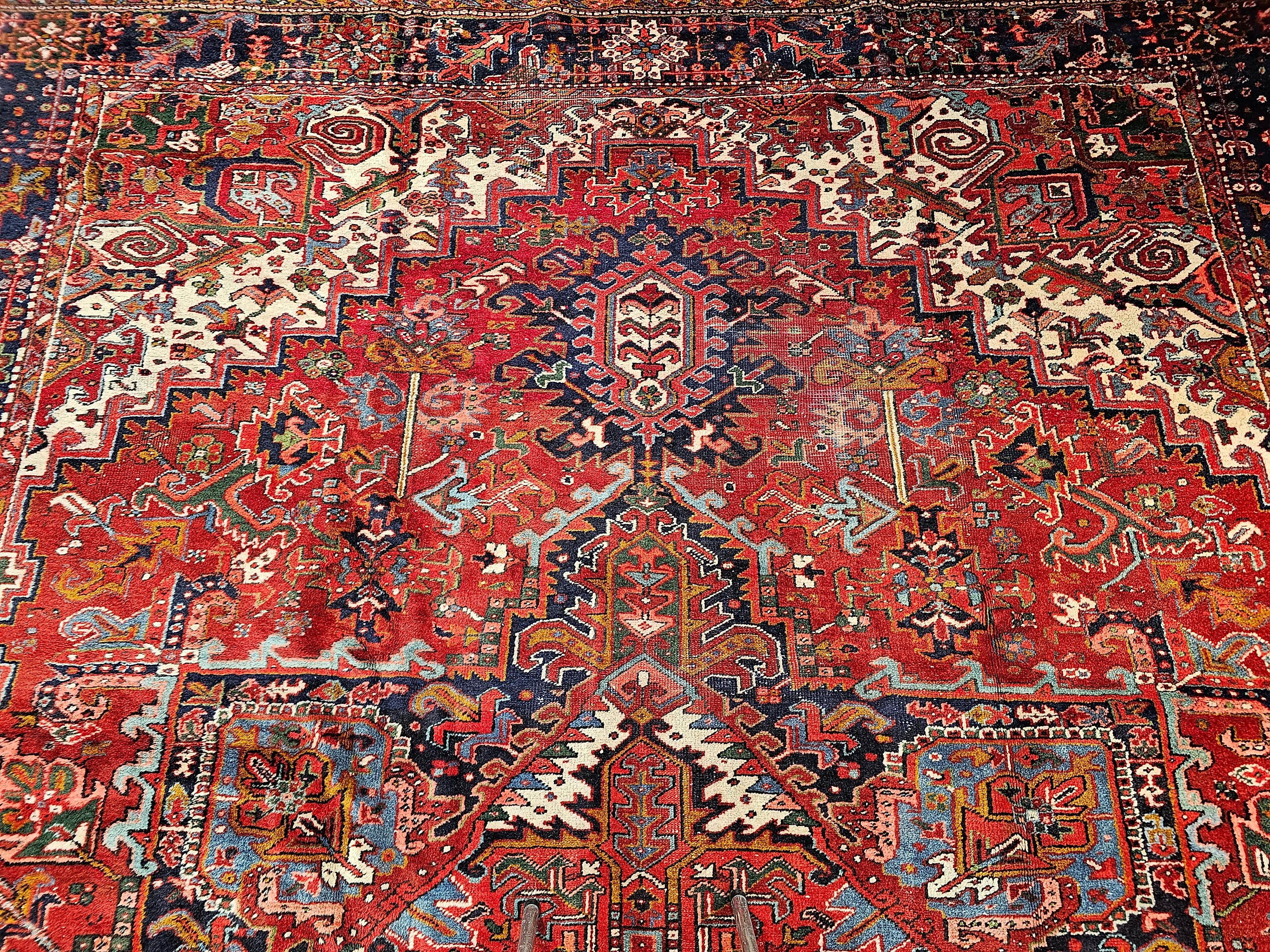 Vintage Room Size Persian Heriz in Red, ivory, Navy, Baby Blue, Green, Pink In Good Condition For Sale In Barrington, IL