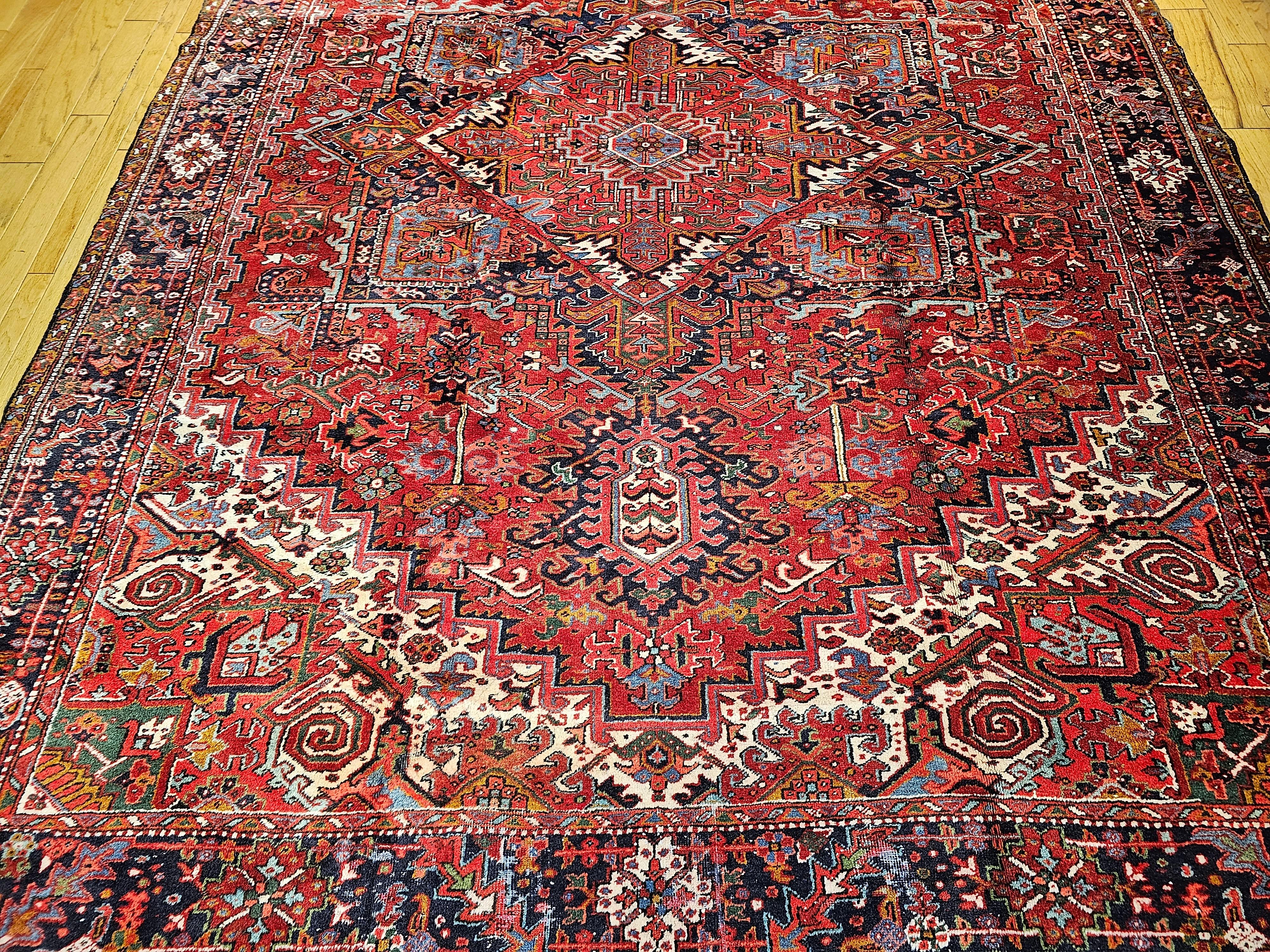 Wool Vintage Room Size Persian Heriz in Red, ivory, Navy, Baby Blue, Green, Pink For Sale