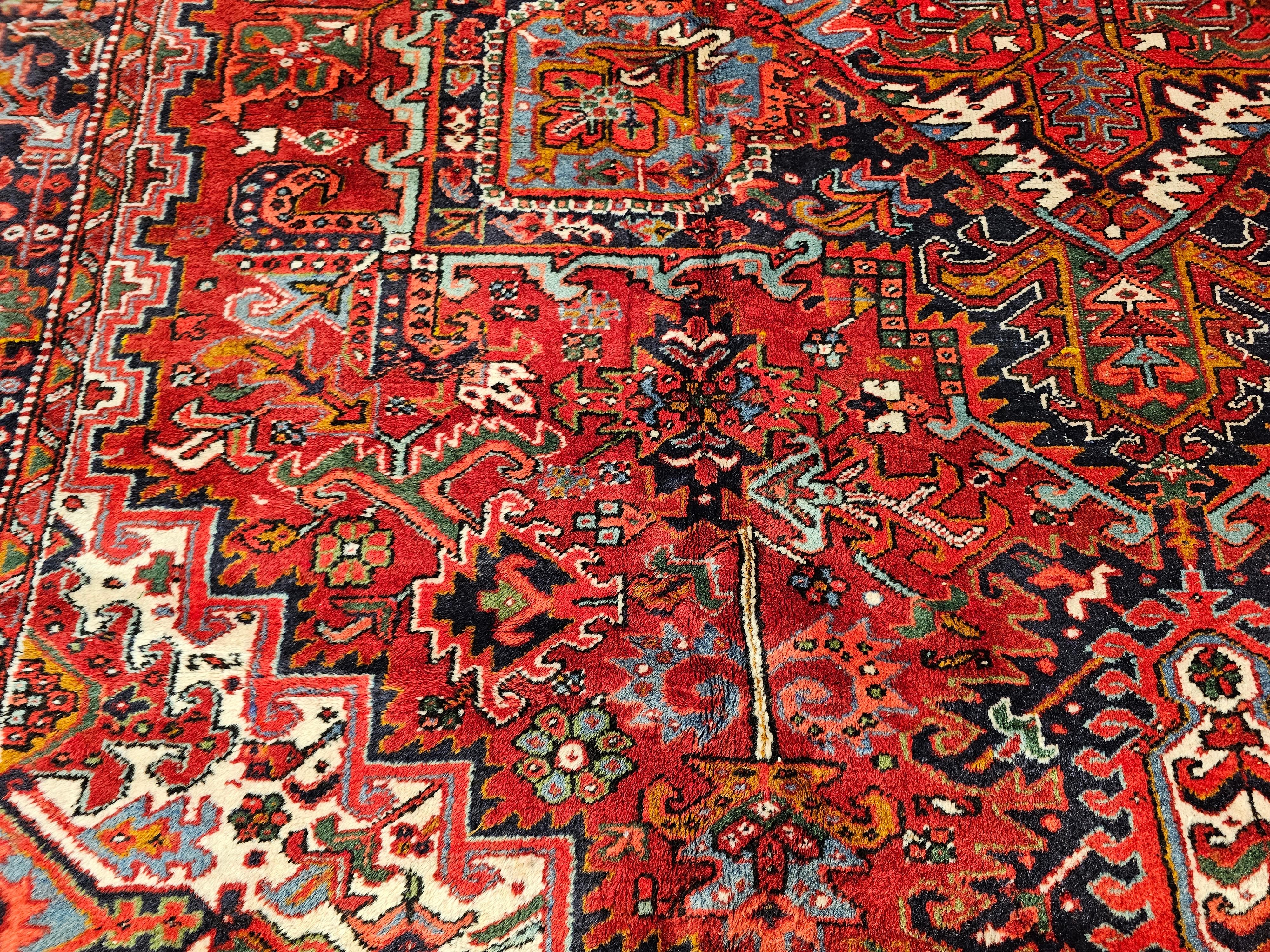 Vintage Room Size Persian Heriz in Red, ivory, Navy, Baby Blue, Green, Pink For Sale 2