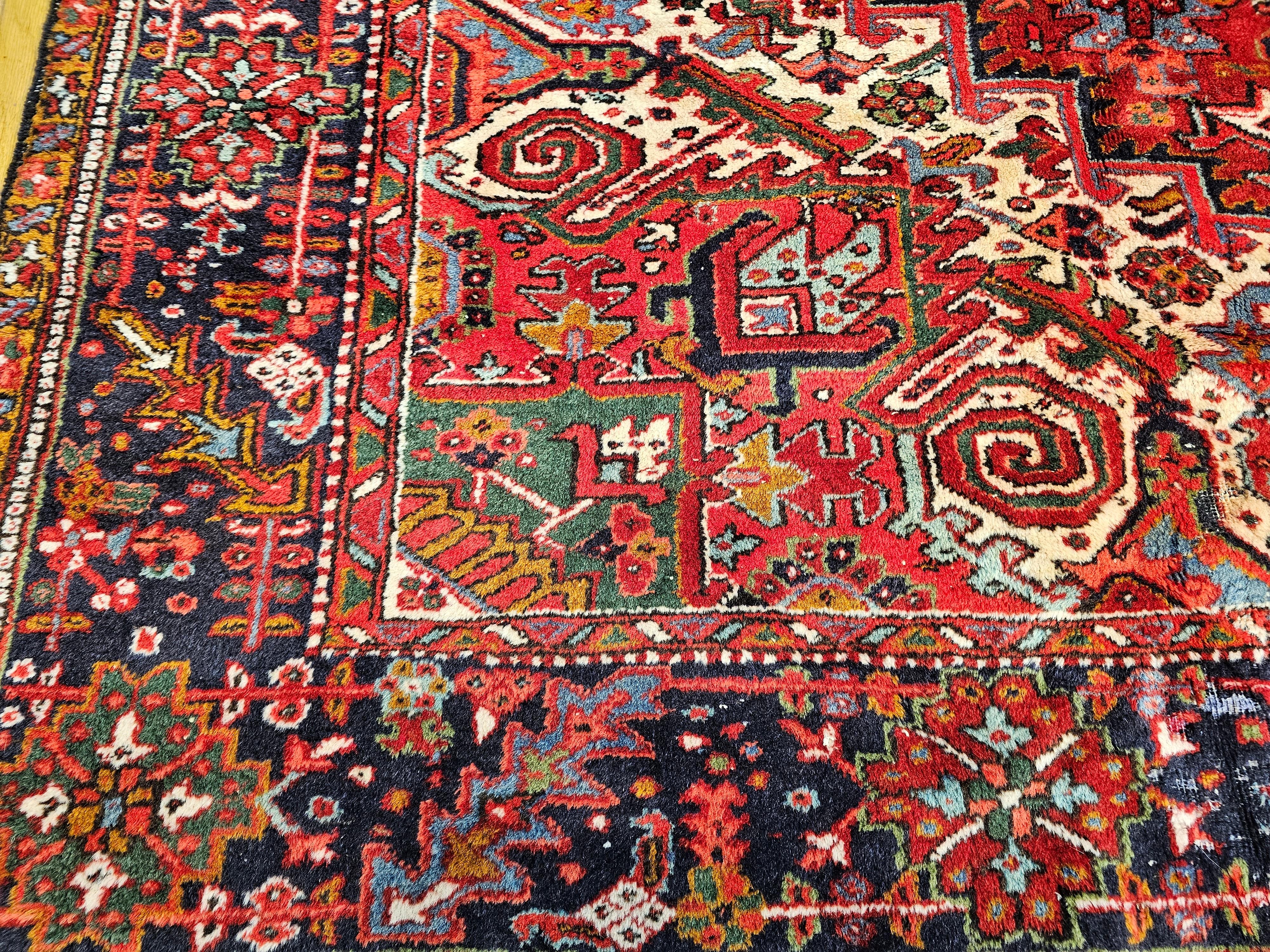 Vintage Room Size Persian Heriz in Red, ivory, Navy, Baby Blue, Green, Pink For Sale 3