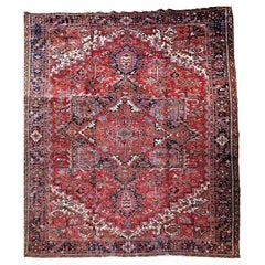 Vintage Room Size Persian Heriz in Red, ivory, Navy, Baby Blue, Green, Pink