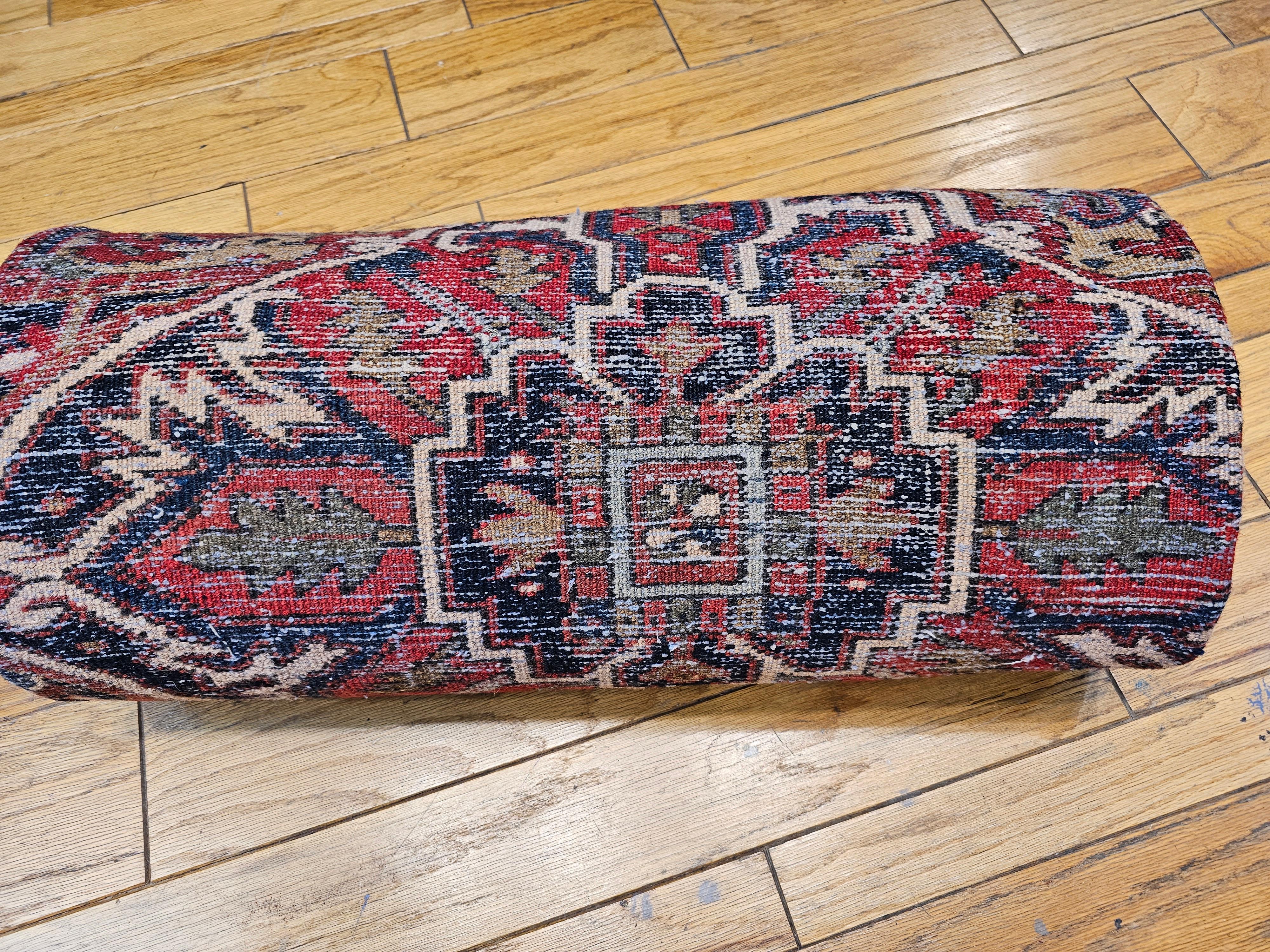 Vintage Room Size Persian Heriz in Red, Navy Blue, Ivory, Yellow, Green, Brown For Sale 14