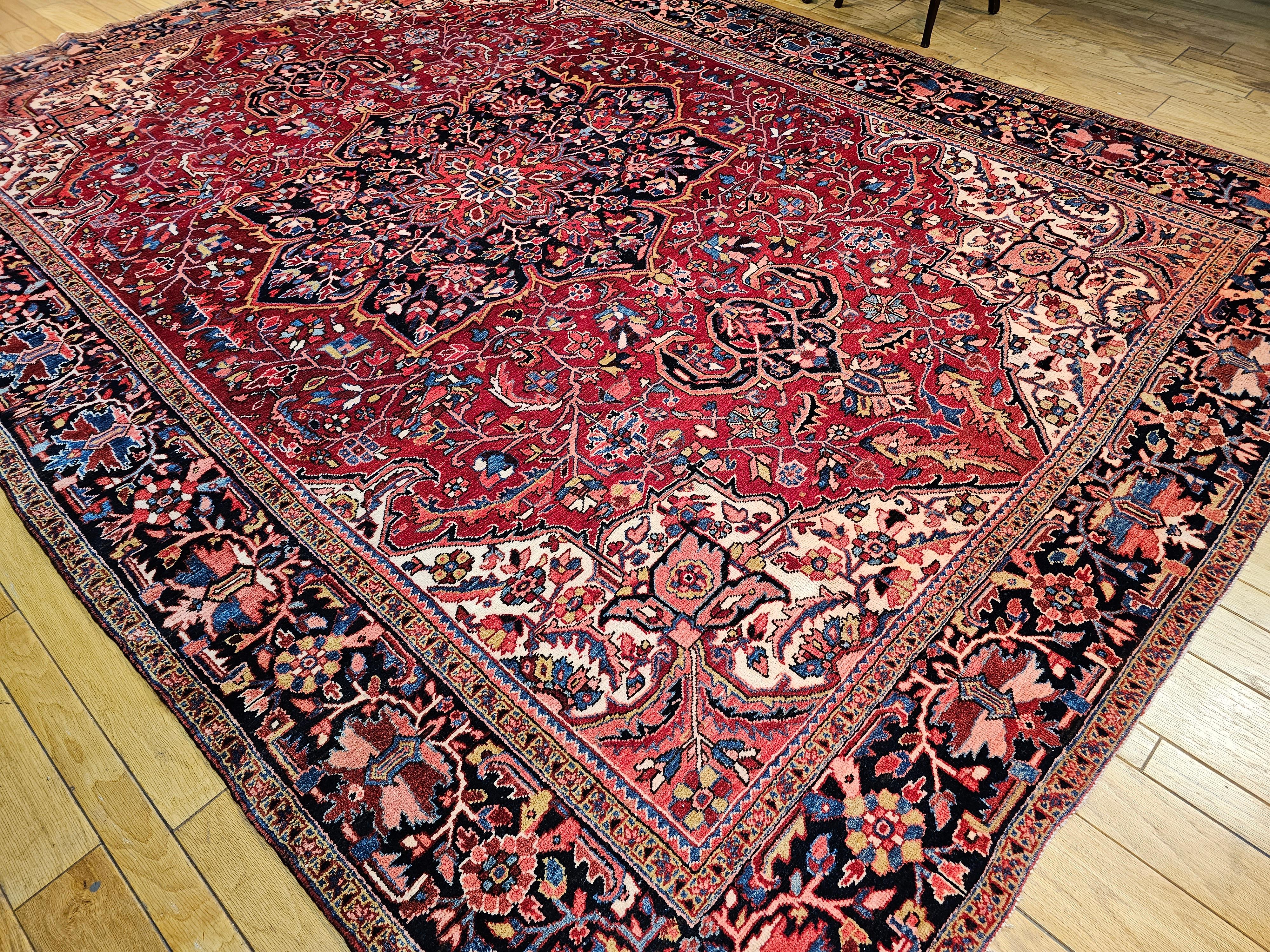 Vintage Room Size Persian Heriz in Red, Yellow, Blue, Pink, Navy, Green, Pink For Sale 4