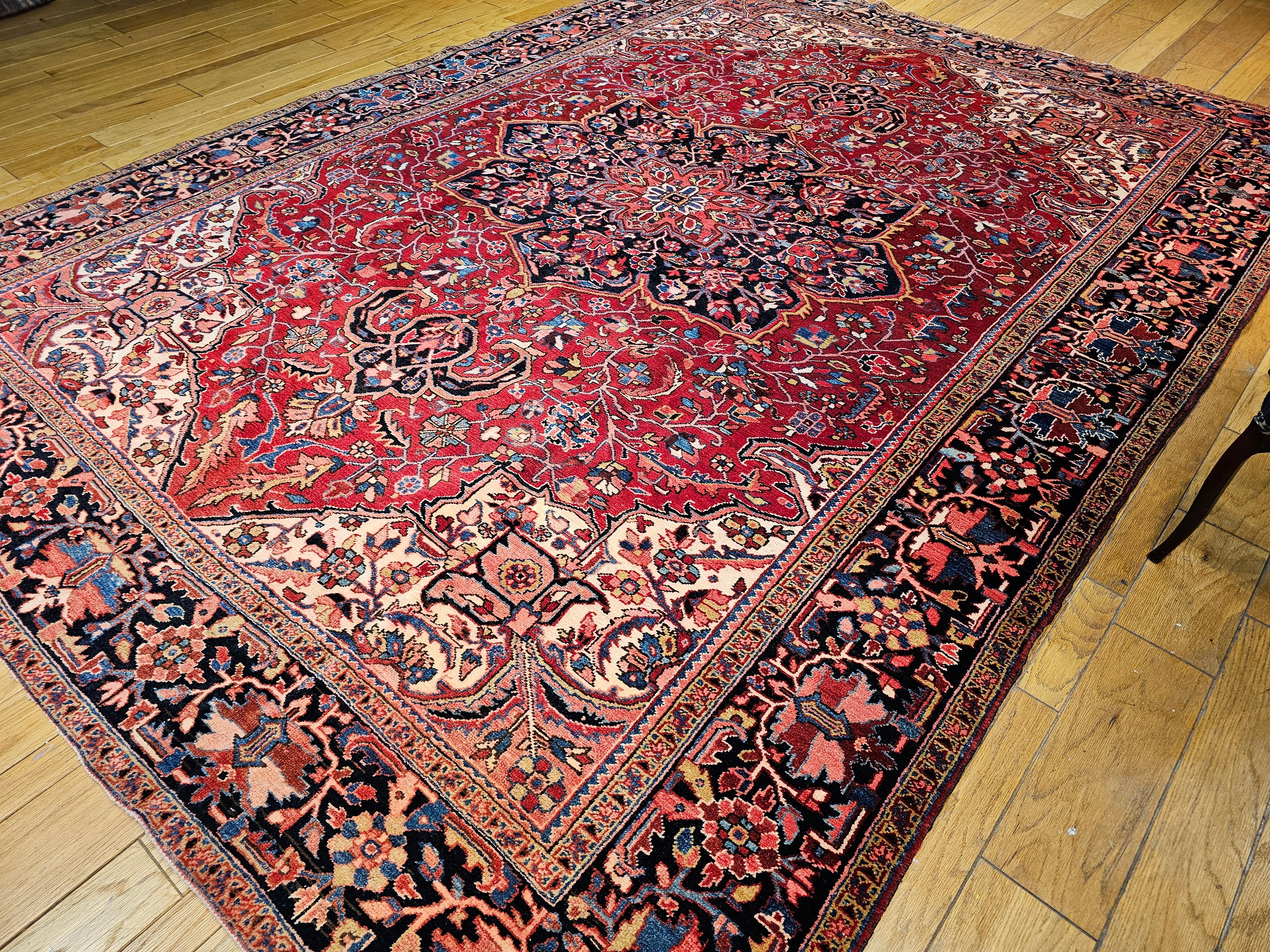 Vintage Room Size Persian Heriz in Red, Yellow, Blue, Pink, Navy, Green, Pink For Sale 5