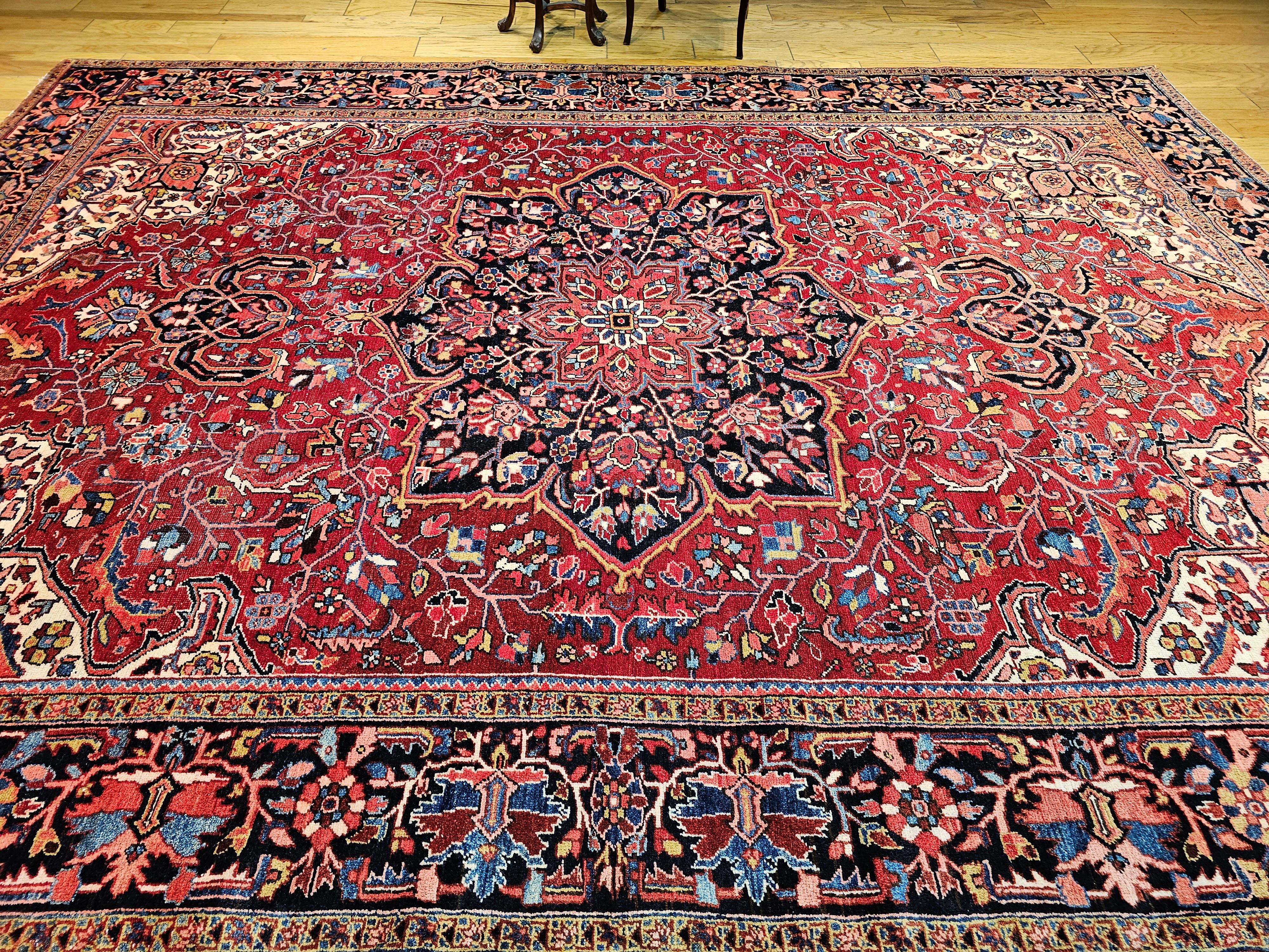 Vintage Room Size Persian Heriz in Red, Yellow, Blue, Pink, Navy, Green, Pink For Sale 6