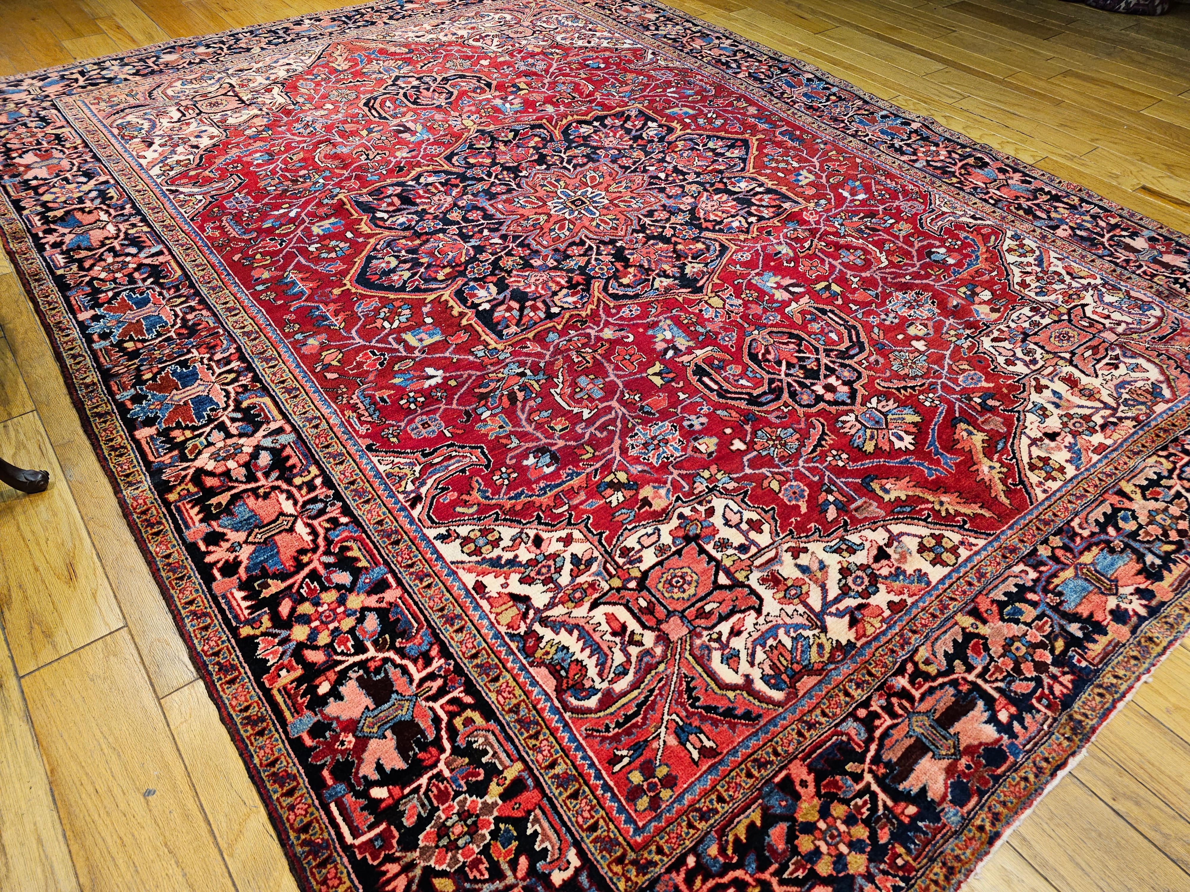 Vintage Room Size Persian Heriz in Red, Yellow, Blue, Pink, Navy, Green, Pink For Sale 7