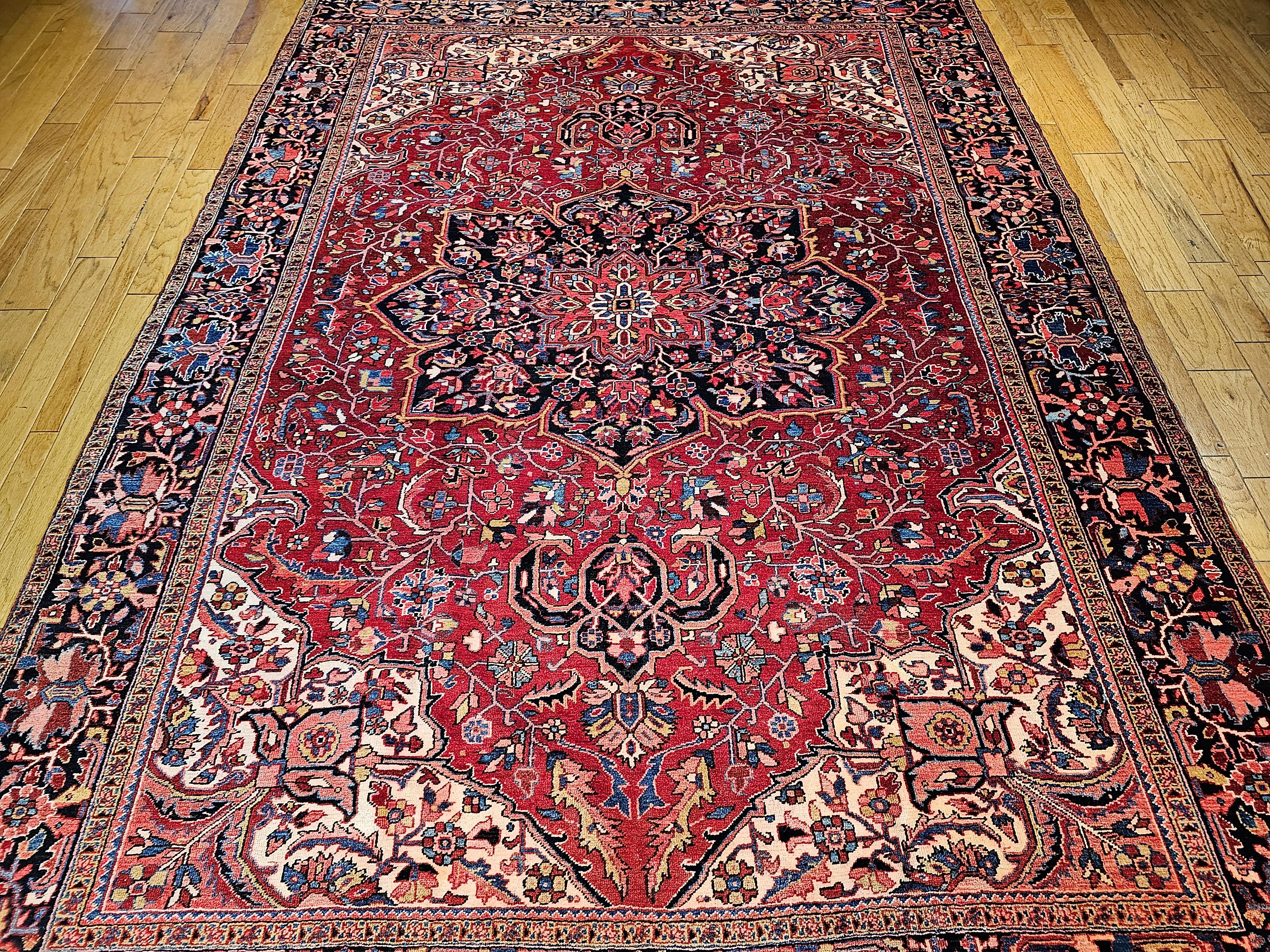 Hand-Knotted Vintage Room Size Persian Heriz in Red, Yellow, Blue, Pink, Navy, Green, Pink For Sale