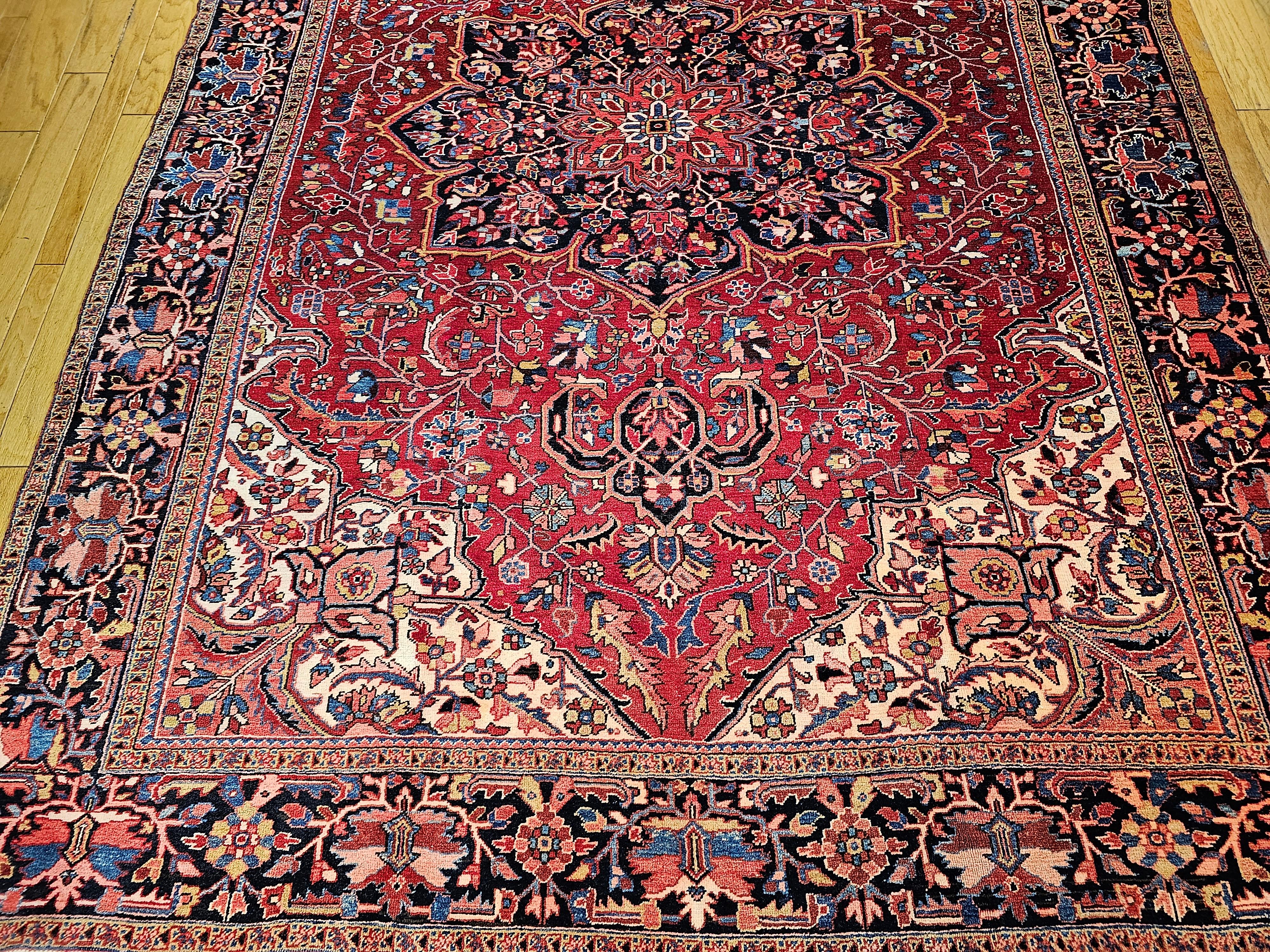Vintage Room Size Persian Heriz in Red, Yellow, Blue, Pink, Navy, Green, Pink In Good Condition For Sale In Barrington, IL