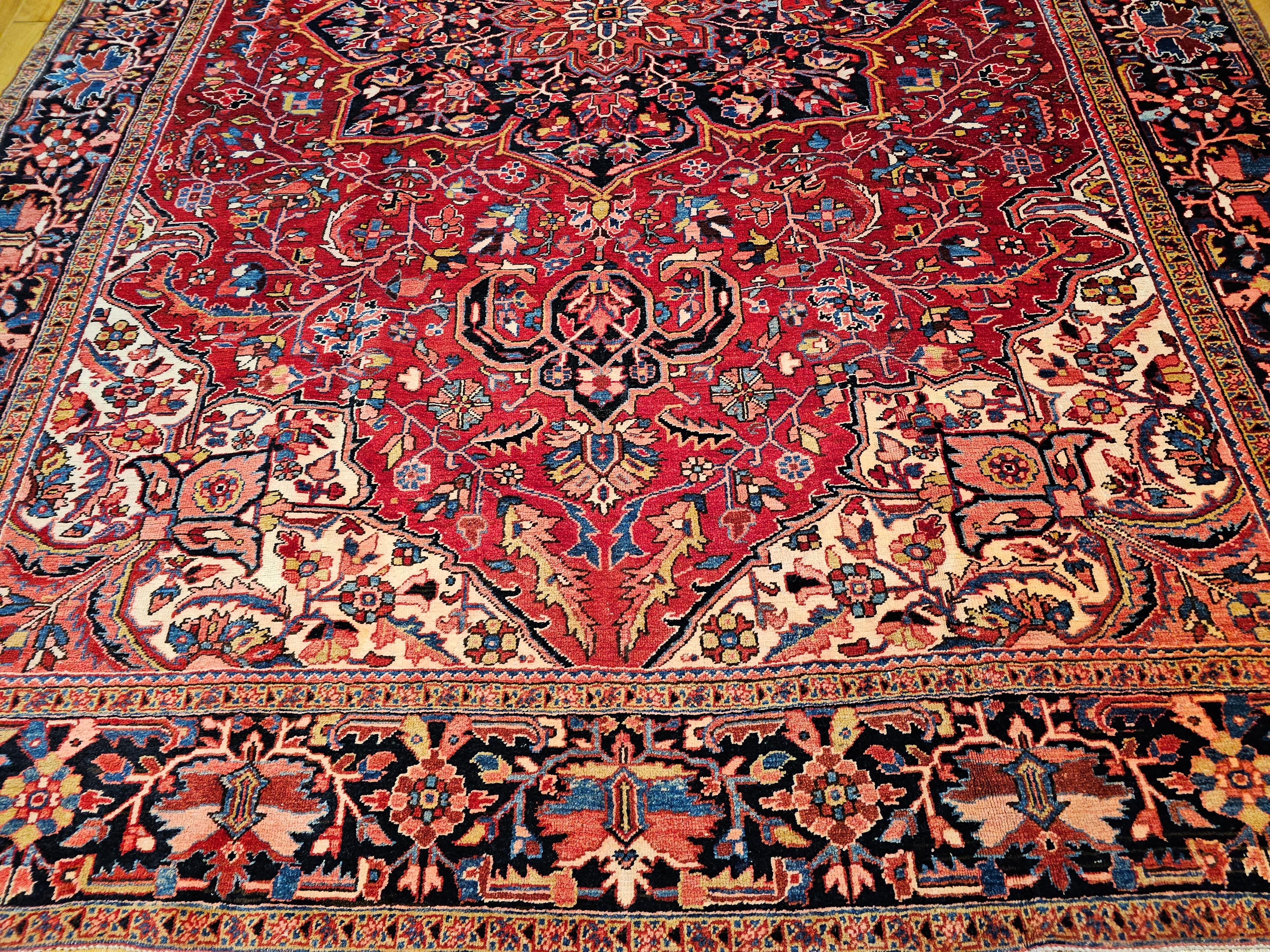 20th Century Vintage Room Size Persian Heriz in Red, Yellow, Blue, Pink, Navy, Green, Pink For Sale