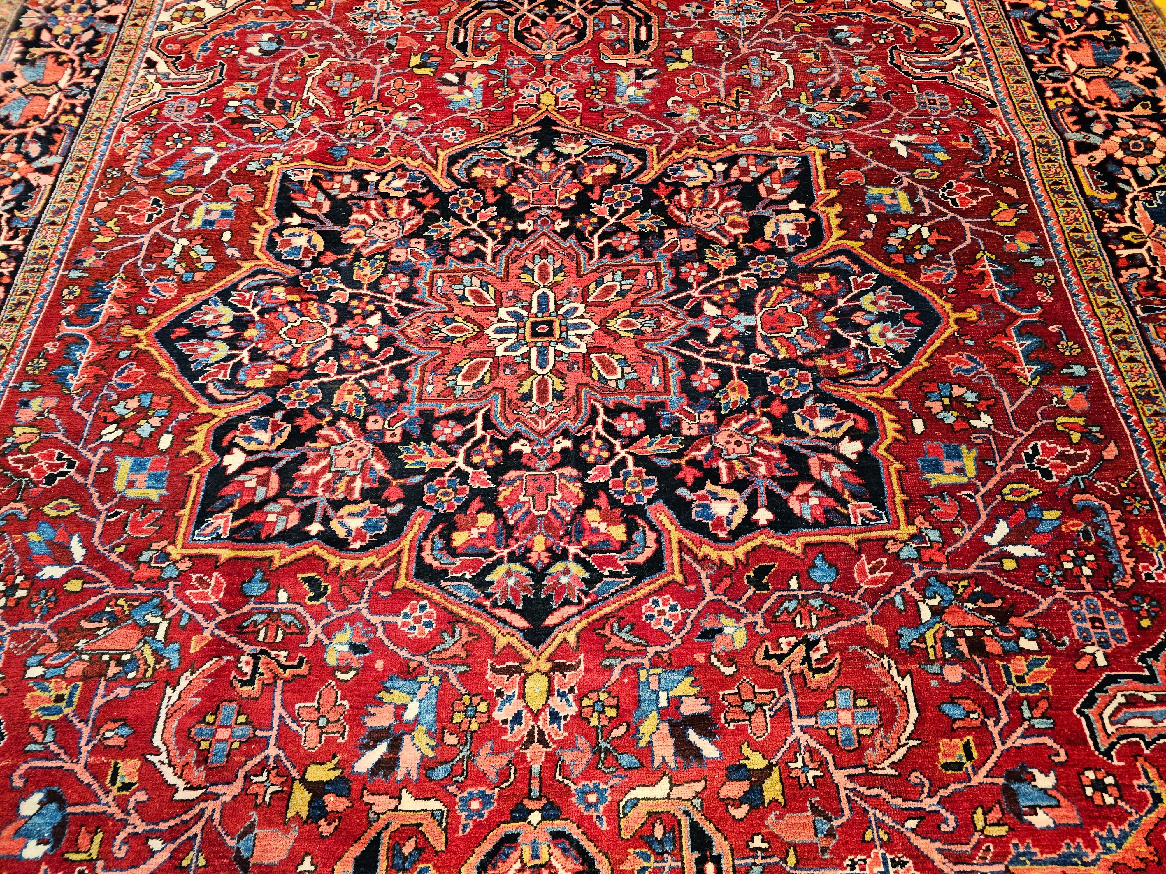 Wool Vintage Room Size Persian Heriz in Red, Yellow, Blue, Pink, Navy, Green, Pink For Sale