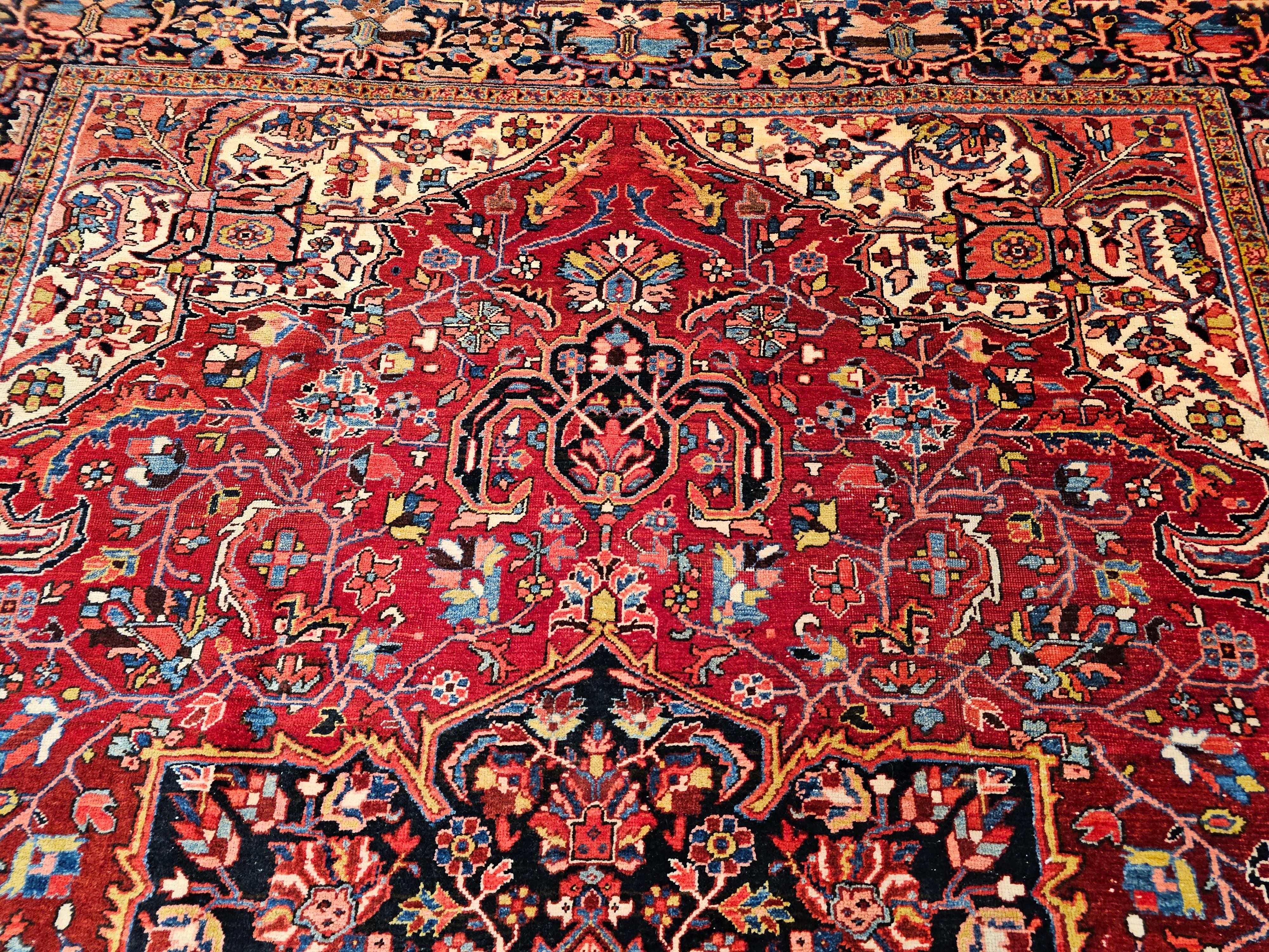 Vintage Room Size Persian Heriz in Red, Yellow, Blue, Pink, Navy, Green, Pink For Sale 1