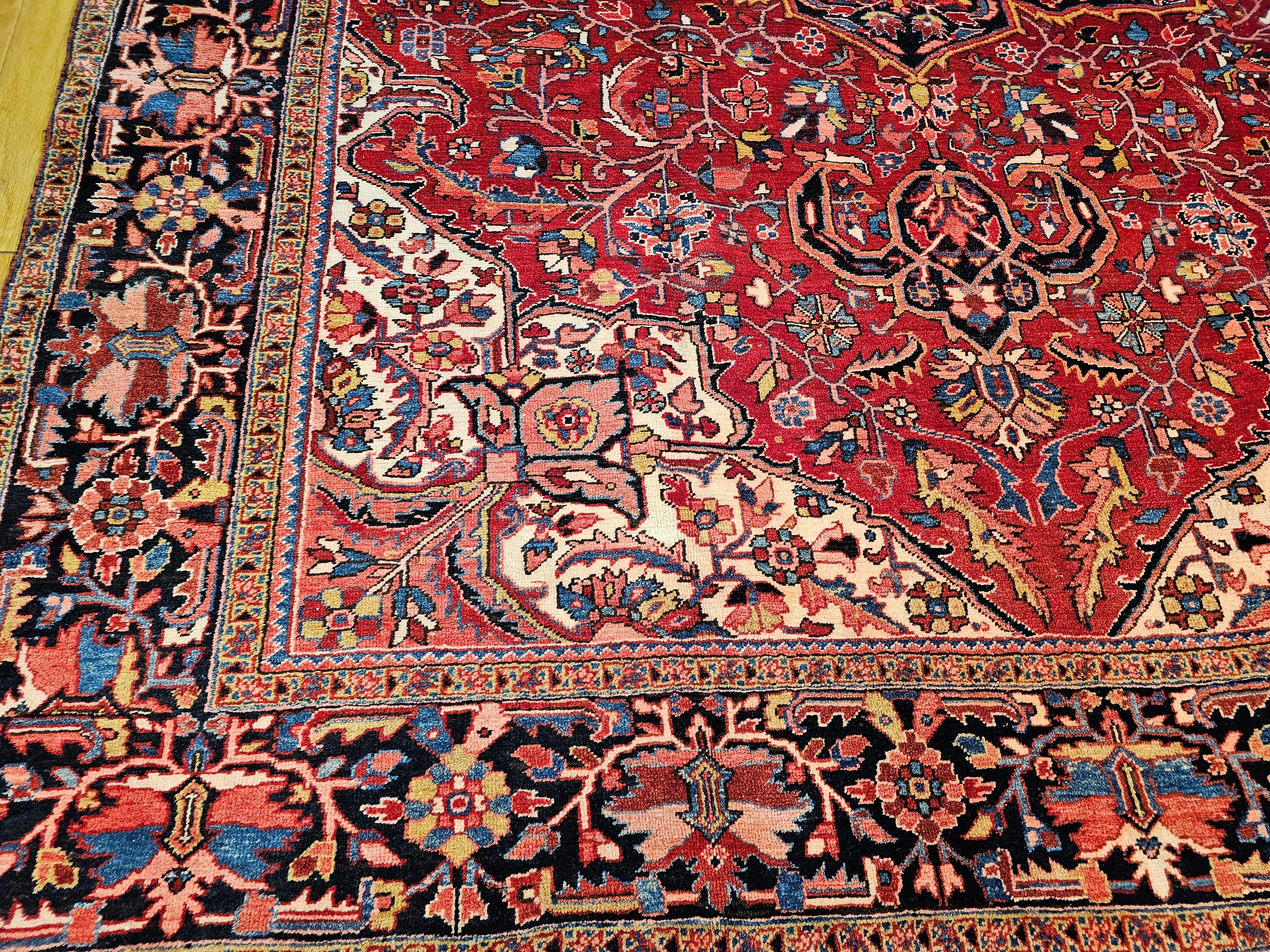 Vintage Room Size Persian Heriz in Red, Yellow, Blue, Pink, Navy, Green, Pink For Sale 2