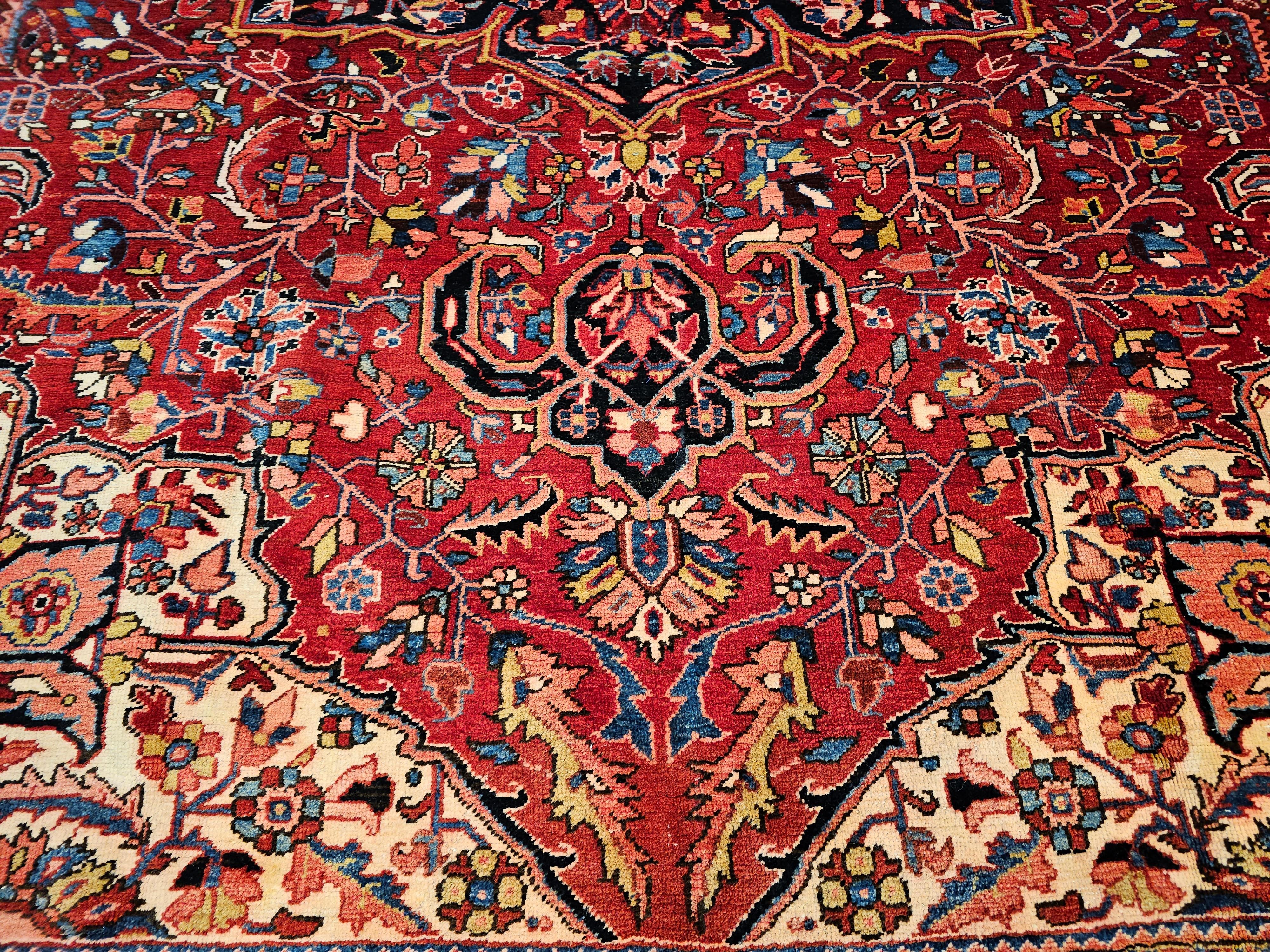 Vintage Room Size Persian Heriz in Red, Yellow, Blue, Pink, Navy, Green, Pink For Sale 3