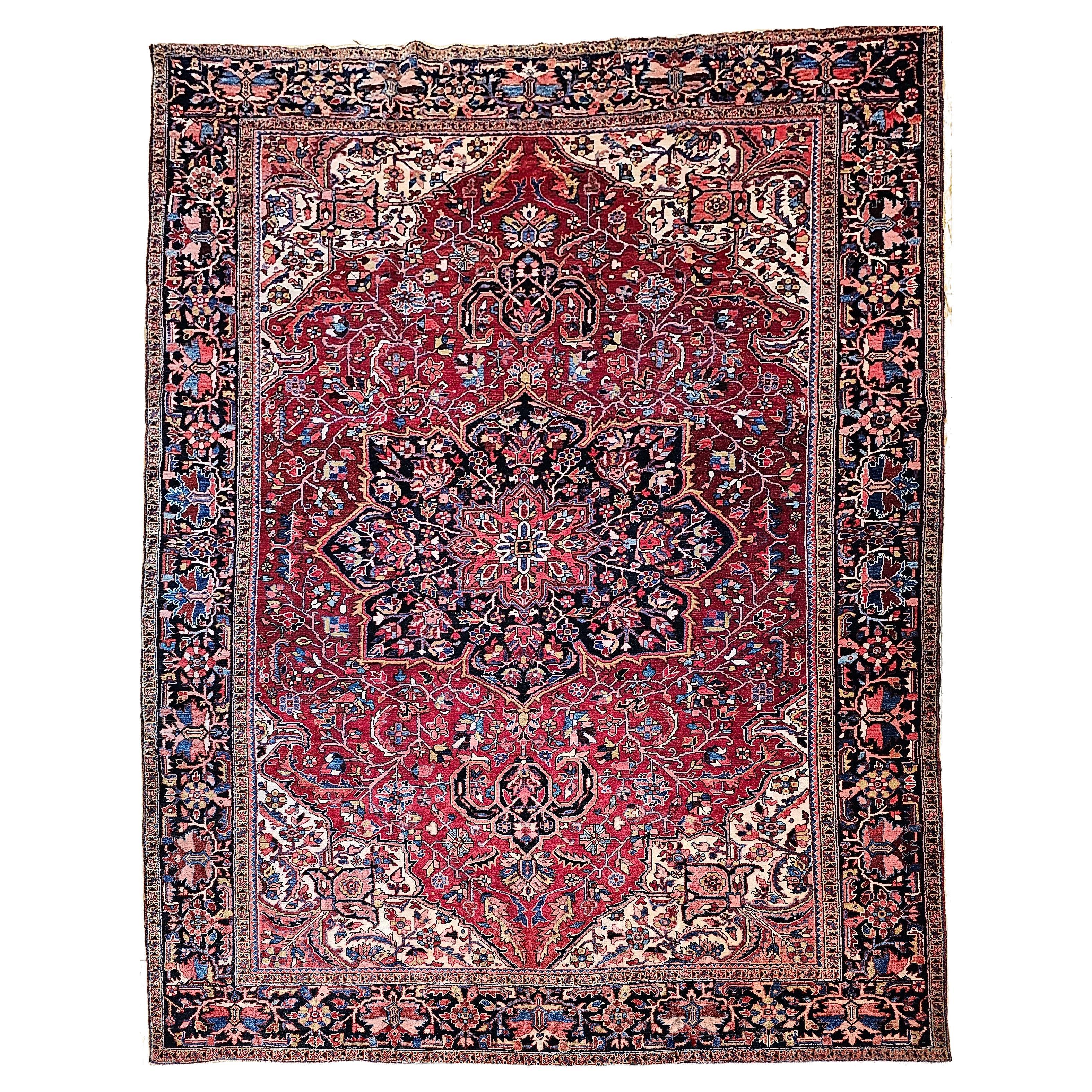 Vintage Room Size Persian Heriz in Red, Yellow, Blue, Pink, Navy, Green, Pink For Sale