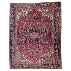Retro Room Size Persian Heriz in Red, Yellow, Blue, Pink, Navy, Green, Pink