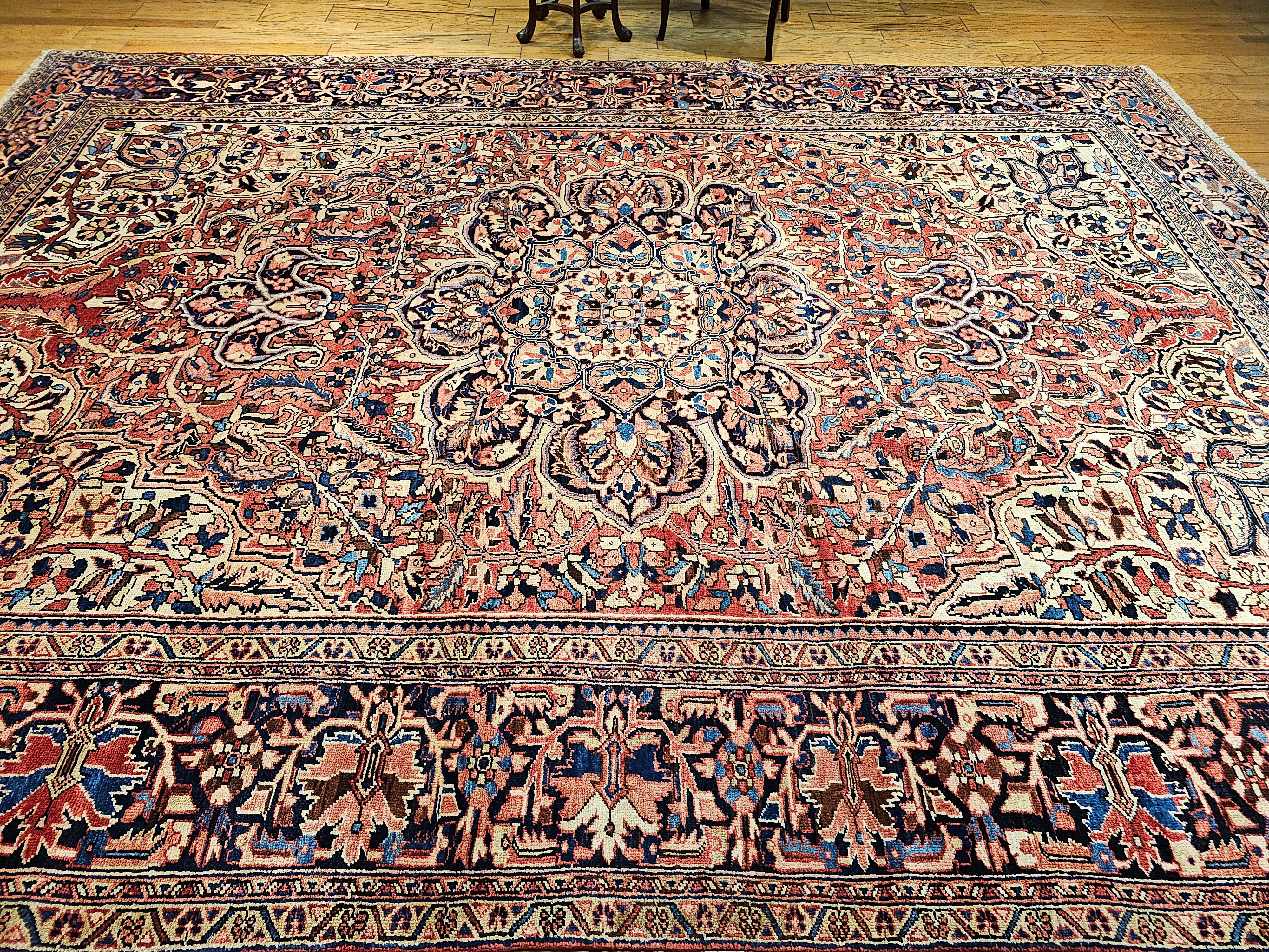 Vintage Room Size Persian Heriz in Rust Red, Ivory, Yellow, Pink, Blue, Navy For Sale 4