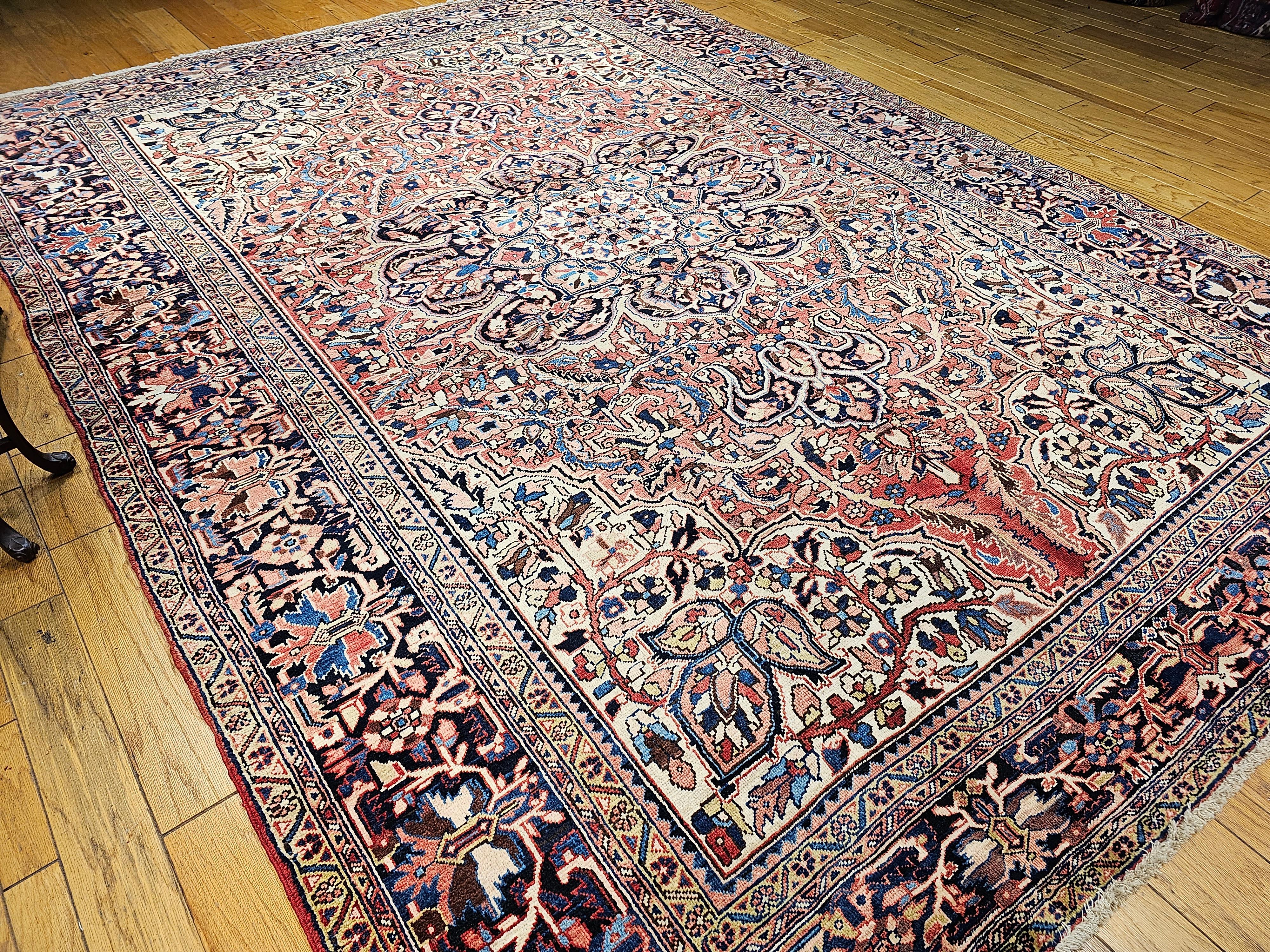 Vintage Room Size Persian Heriz in Rust Red, Ivory, Yellow, Pink, Blue, Navy For Sale 5
