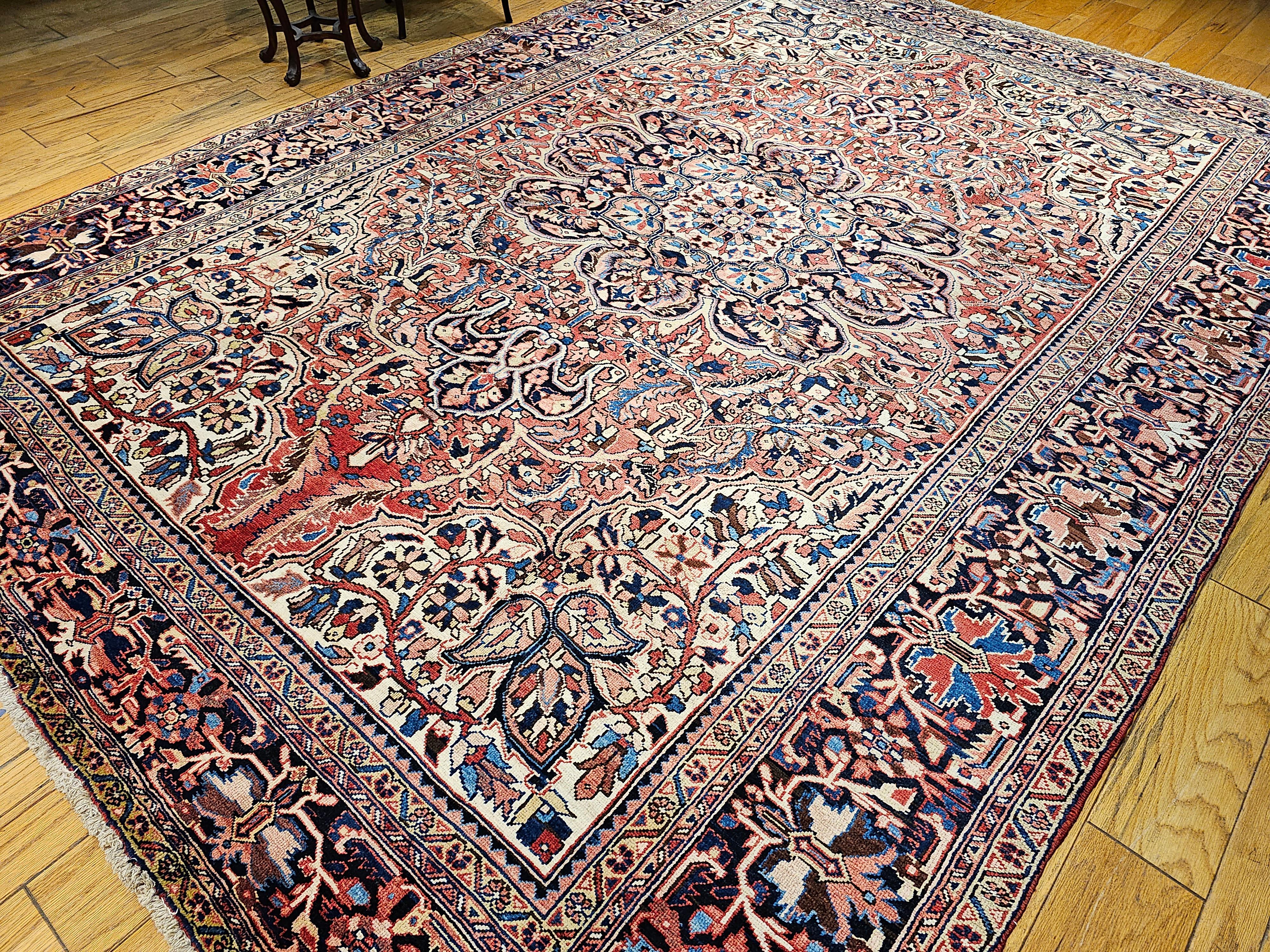 Vintage Room Size Persian Heriz in Rust Red, Ivory, Yellow, Pink, Blue, Navy For Sale 6