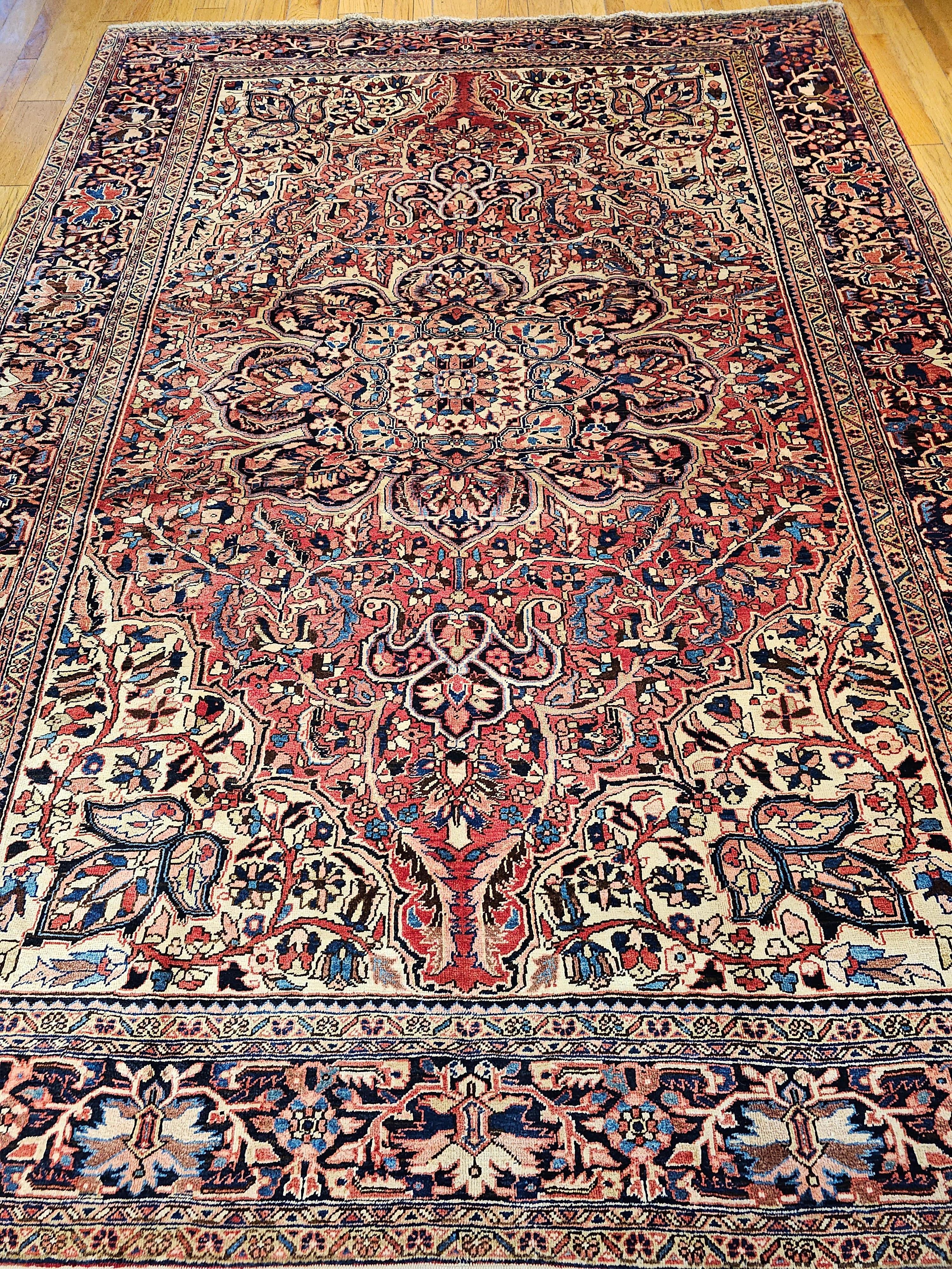 Vintage Room Size Persian Heriz in Rust Red, Ivory, Yellow, Pink, Blue, Navy For Sale 7