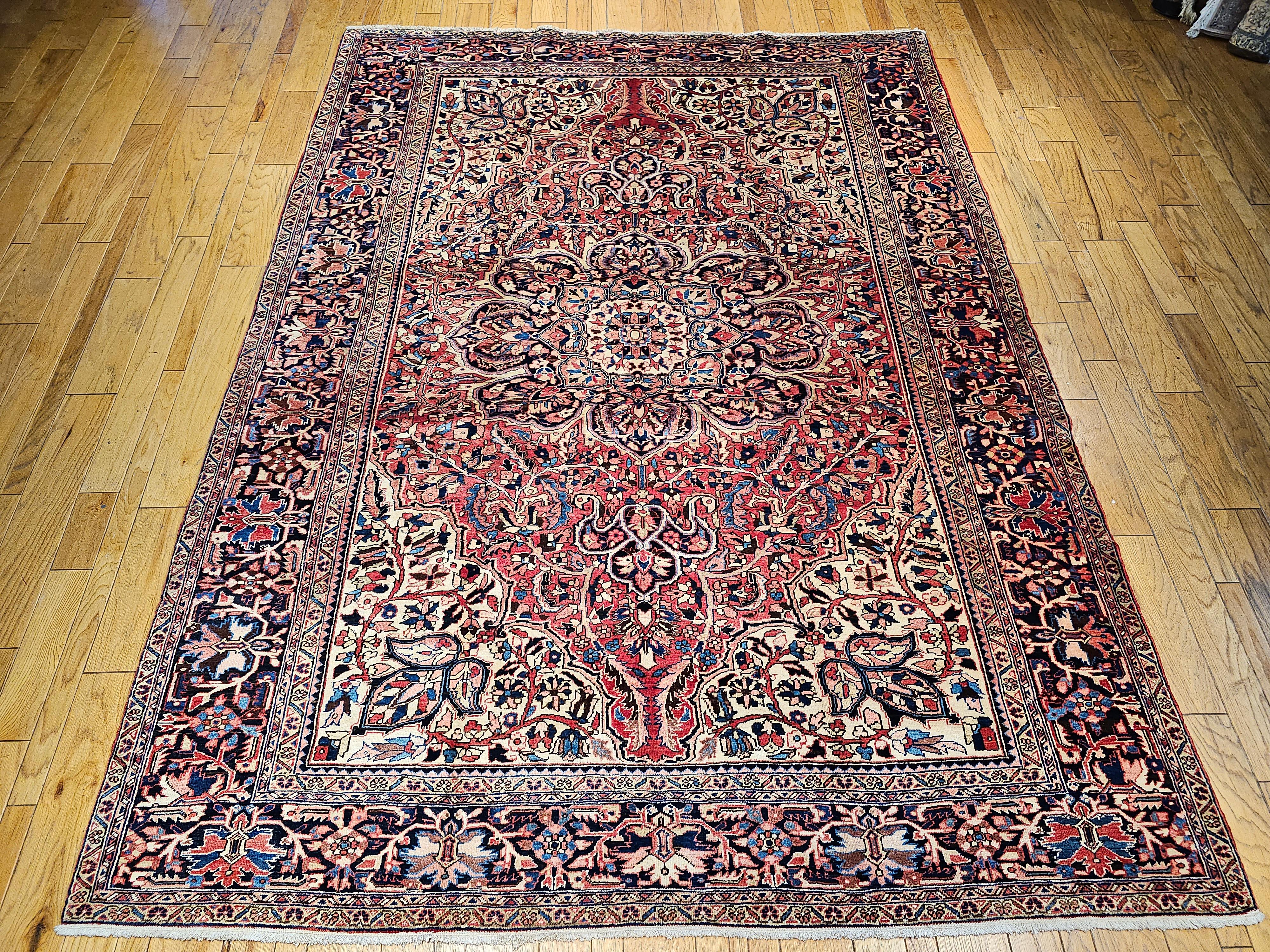 Vintage Room Size Persian Heriz in Rust Red, Ivory, Yellow, Pink, Blue, Navy For Sale 8