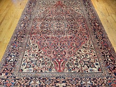 Vintage Room-Size Persian Heriz Rug in Red, Ivory, Yellow, Pink, Blue, Navy