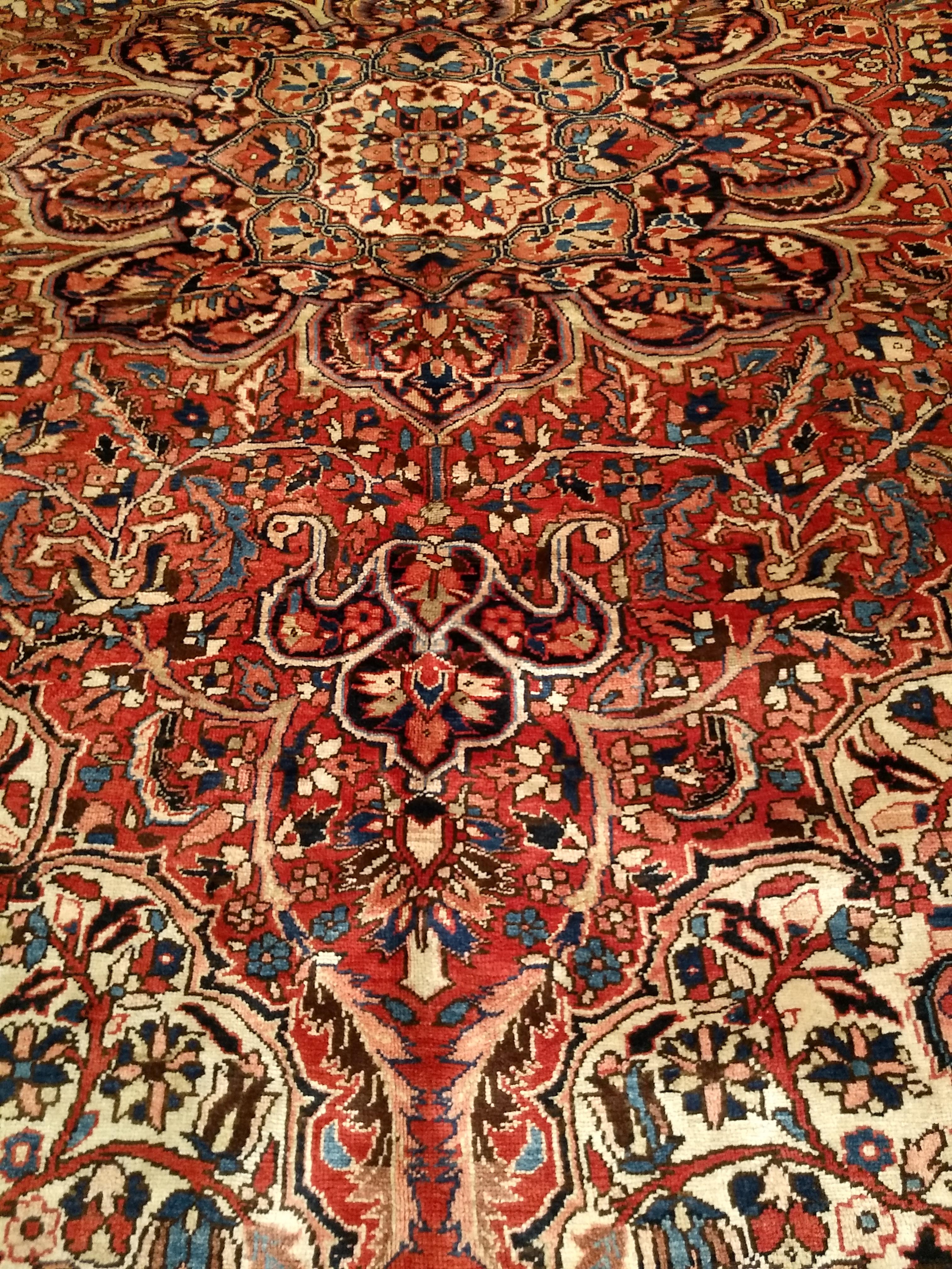 Hand-Knotted Vintage Room Size Persian Heriz in Rust Red, Ivory, Yellow, Pink, Blue, Navy For Sale