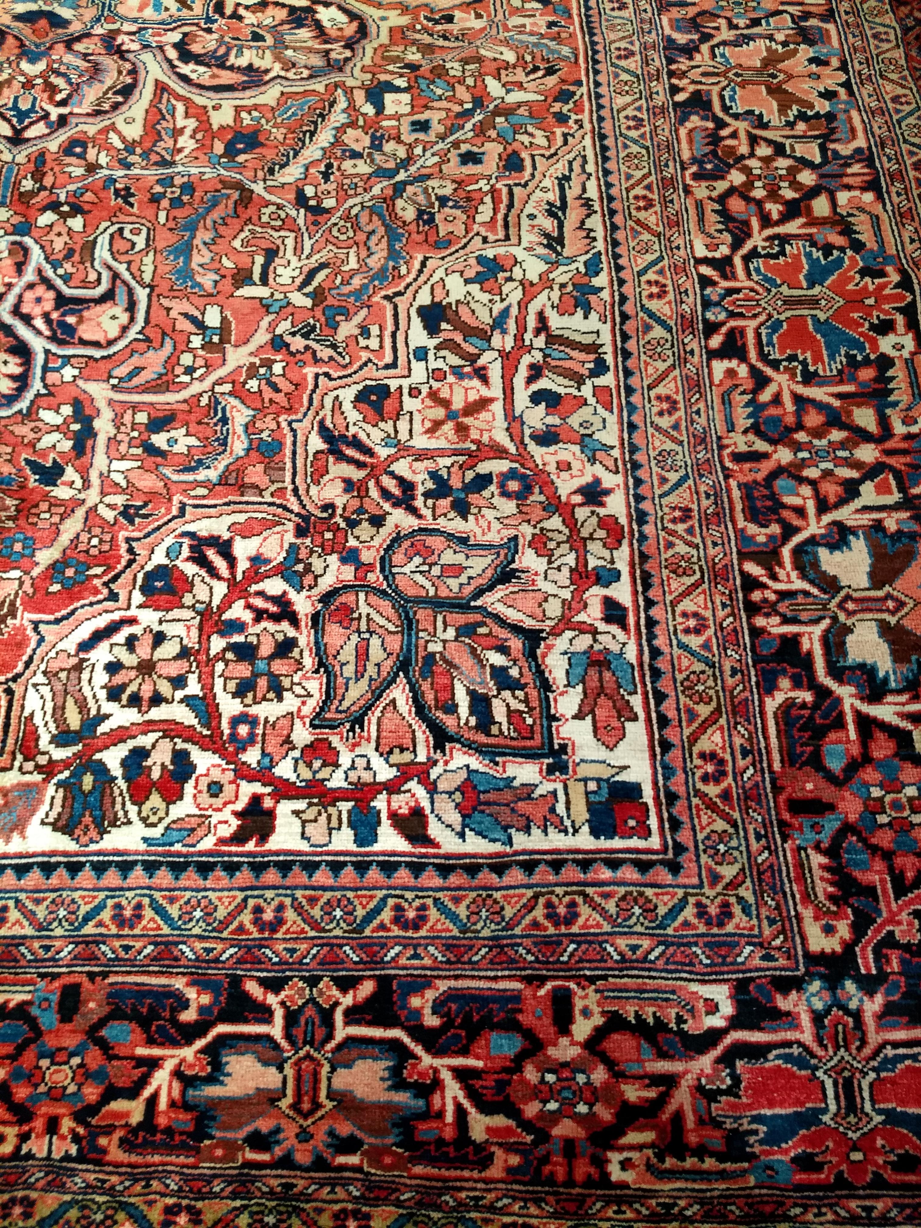 20th Century Vintage Room Size Persian Heriz in Rust Red, Ivory, Yellow, Pink, Blue, Navy For Sale