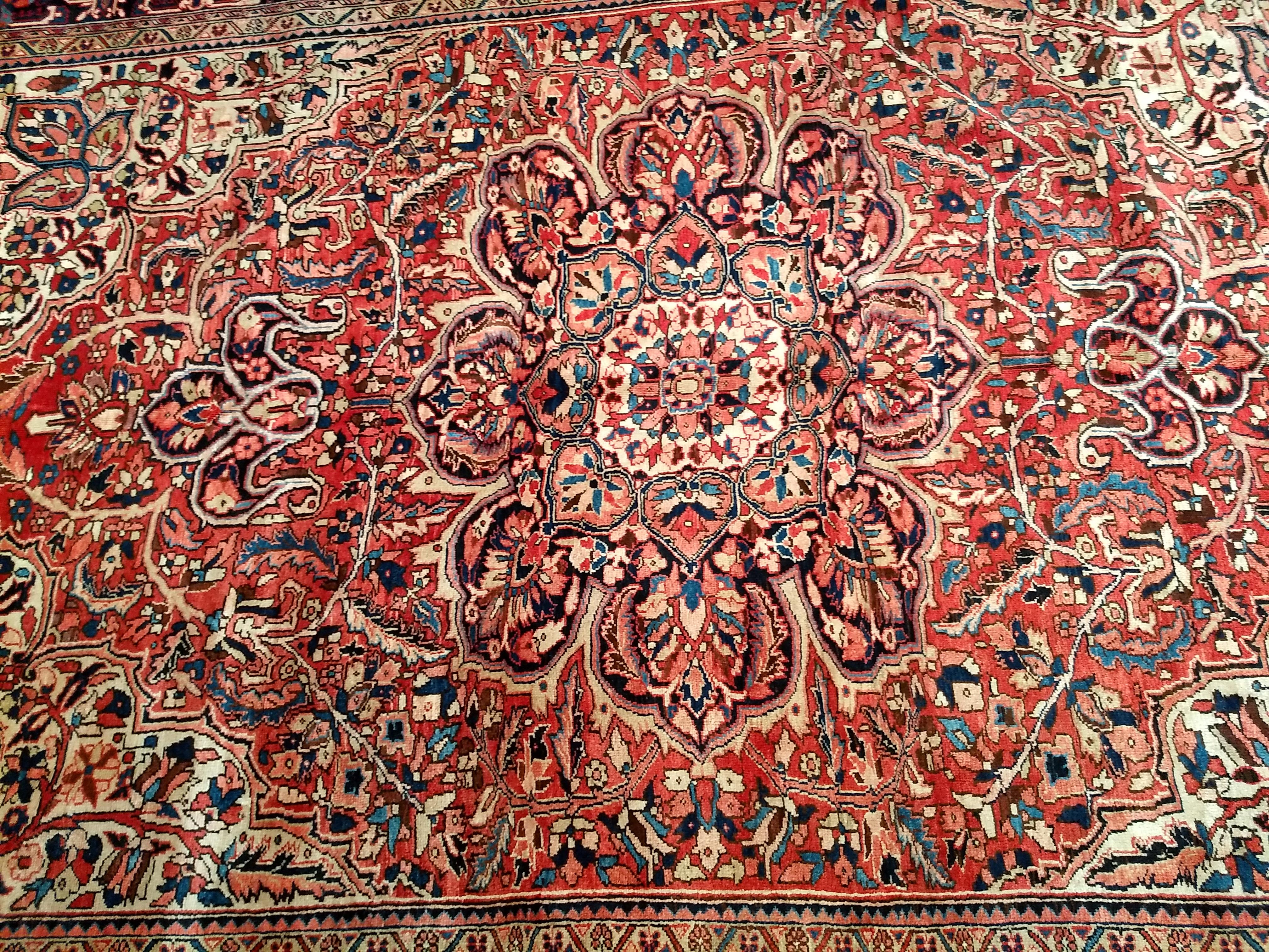 Wool Vintage Room Size Persian Heriz in Rust Red, Ivory, Yellow, Pink, Blue, Navy For Sale