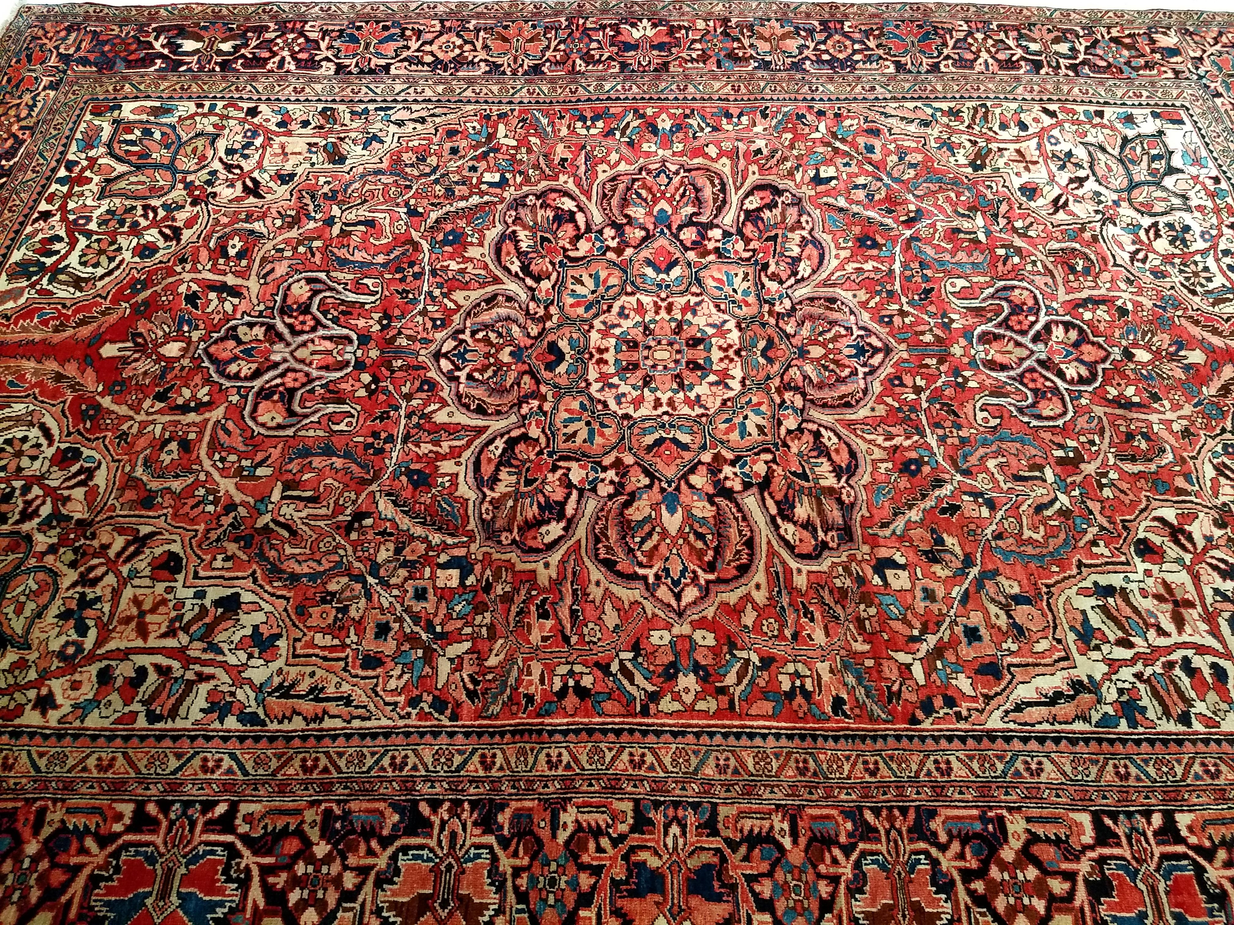 Vintage Room Size Persian Heriz in Rust Red, Ivory, Yellow, Pink, Blue, Navy For Sale 1