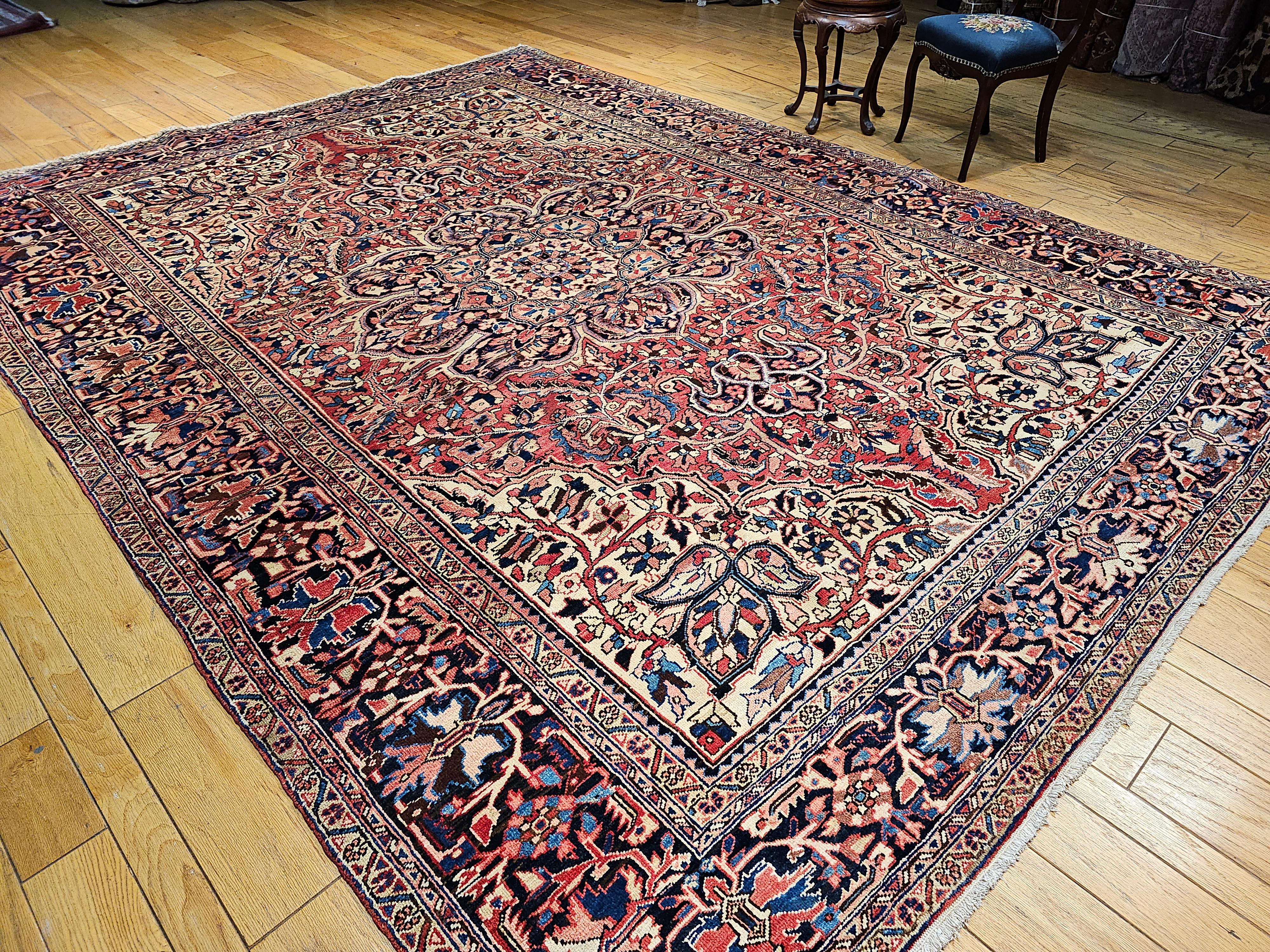 Vintage Room Size Persian Heriz in Rust Red, Ivory, Yellow, Pink, Blue, Navy For Sale 2